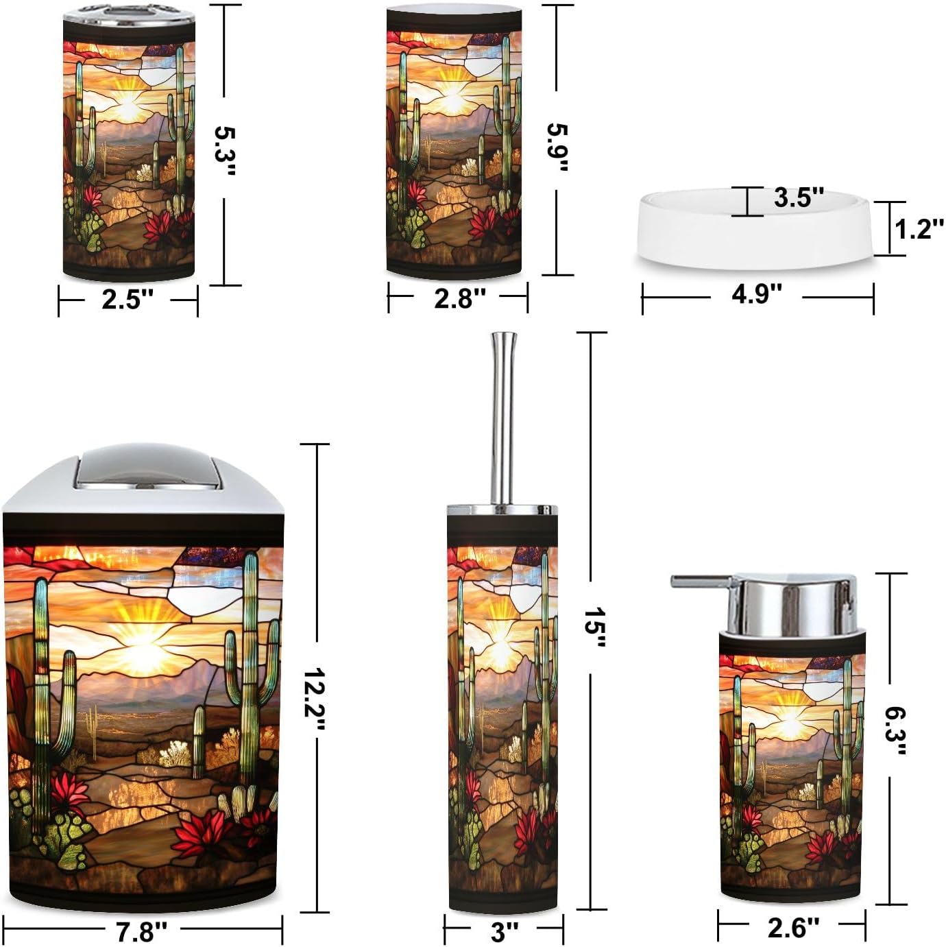 6 Piece Boho Bathroom Decor Set with Cacti Design