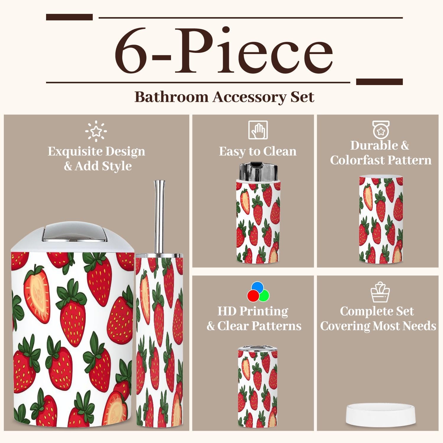 6-Piece Bathroom Accessories Set with Fresh Strawberry Pattern