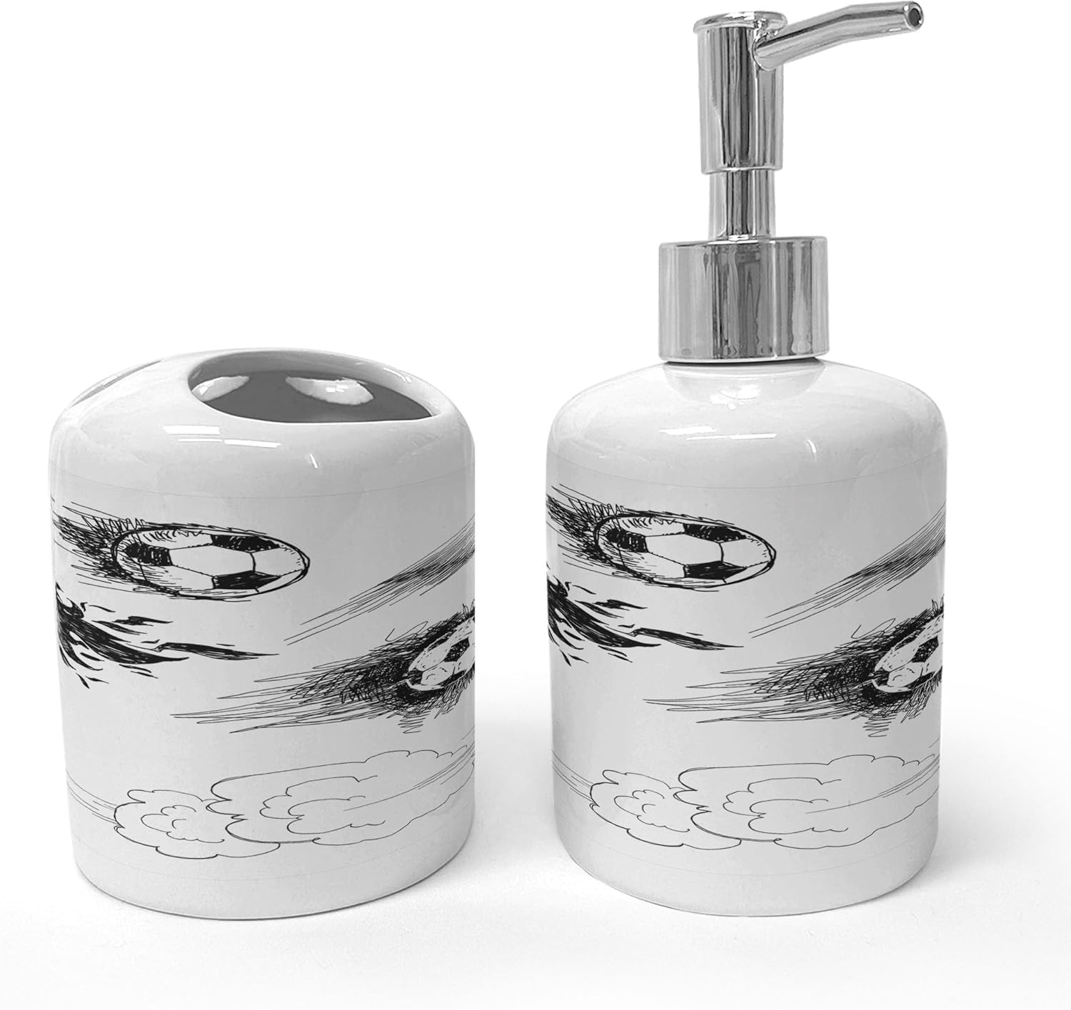 Ambesonne Soccer Soap Dispenser Toothbrush Holder Set