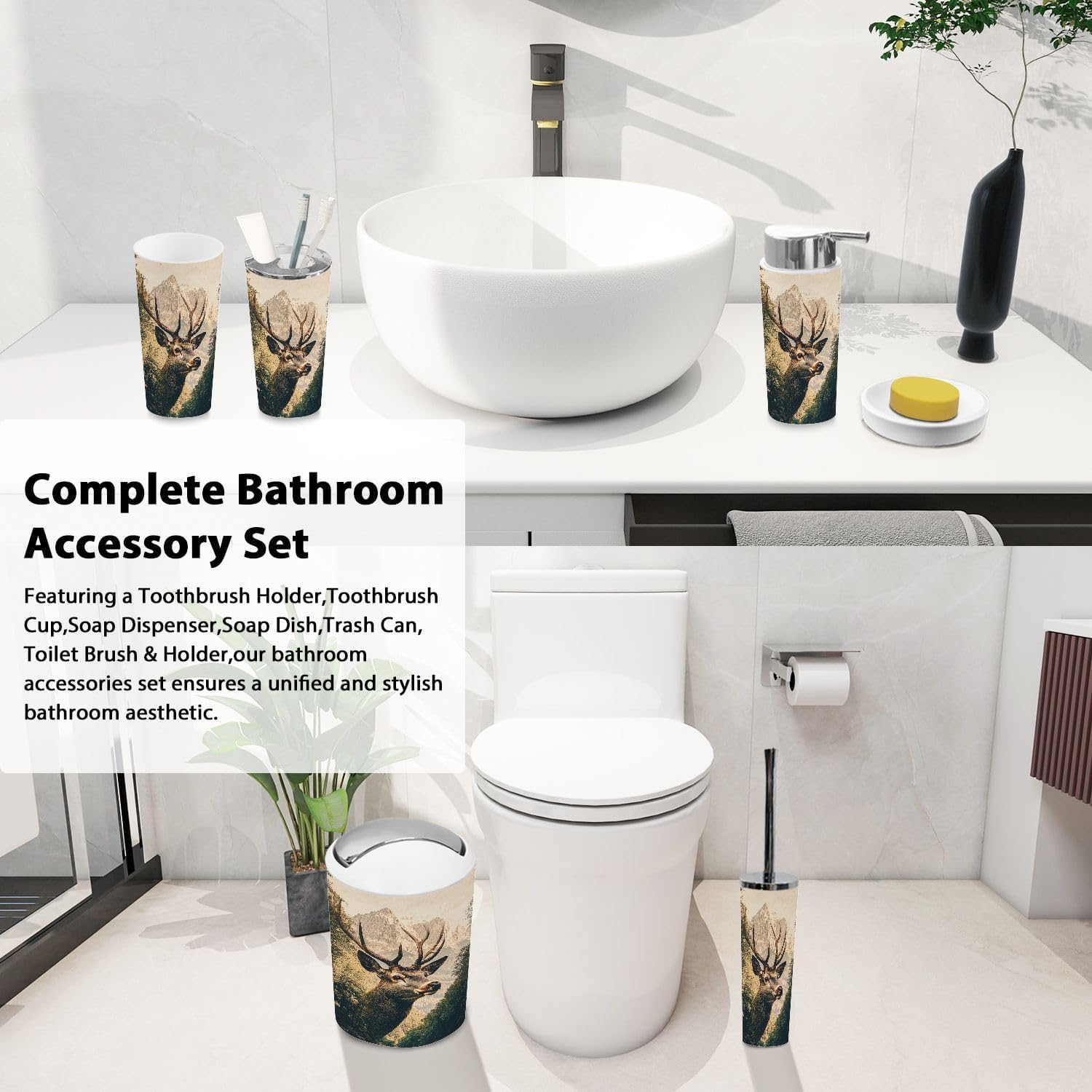 Boho Bathroom Accessory Set 6 Piece Modern Nature Design