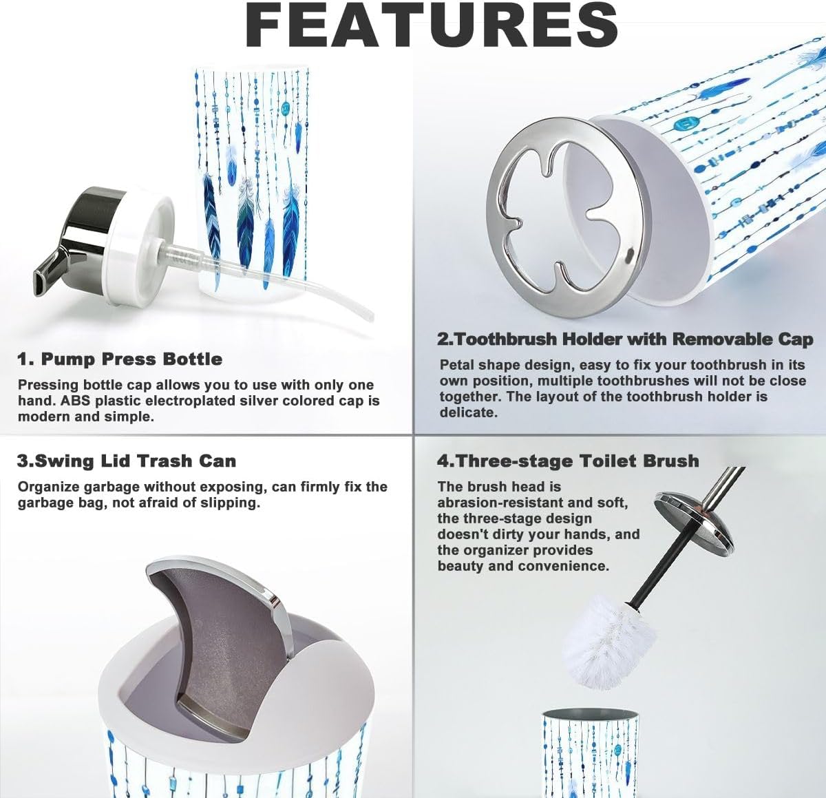 Bathroom Accessories Set 6 Pcs Ethnic Feathers Decor