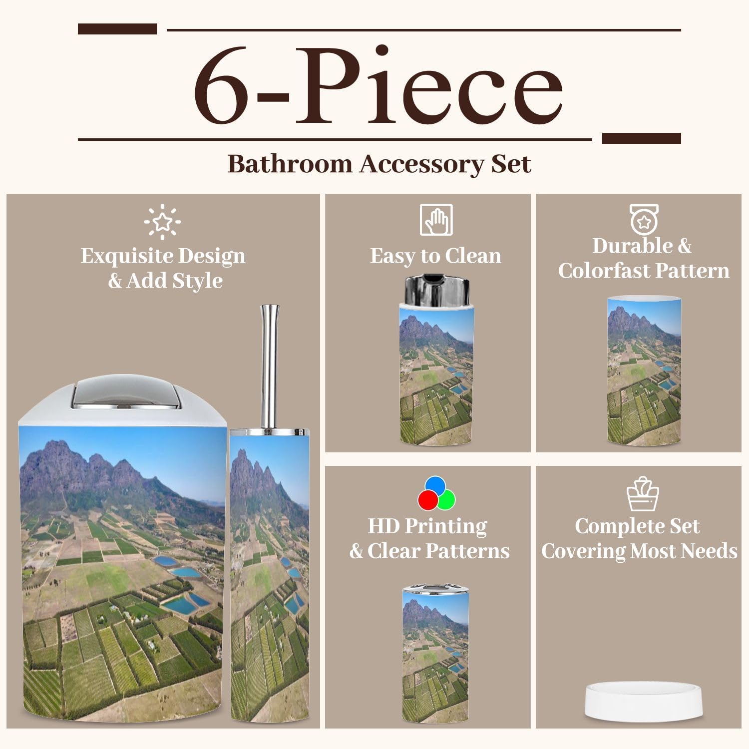 6 Piece Boho Bathroom Accessories Set with Vineyards View