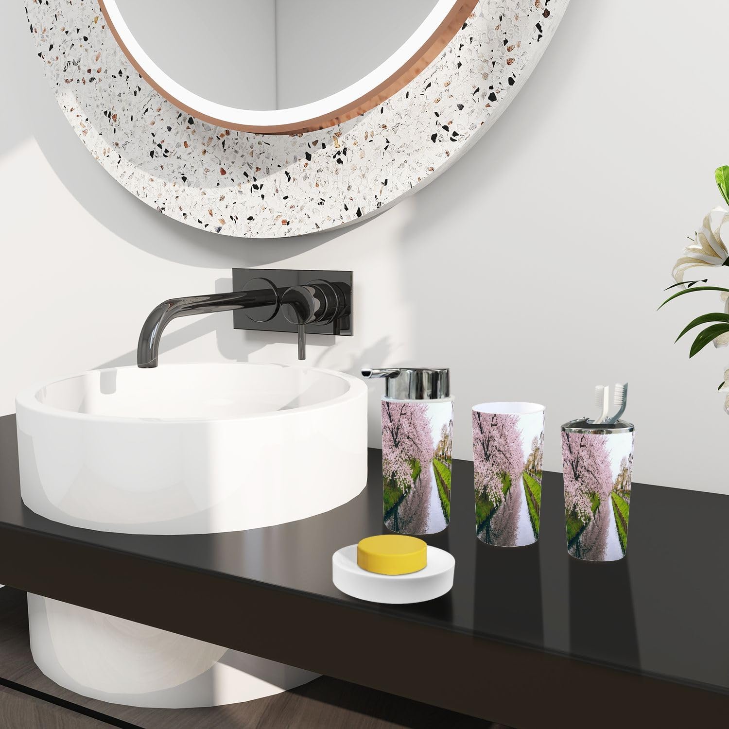 Boho Cherry Blossom Bathroom Accessory Set 6 Piece