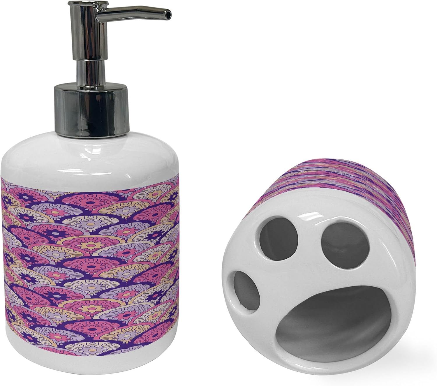 Ambesonne Bohemian Soap Toothbrush Holder Set 2 Pcs Ceramic Quartz Peach and Pink