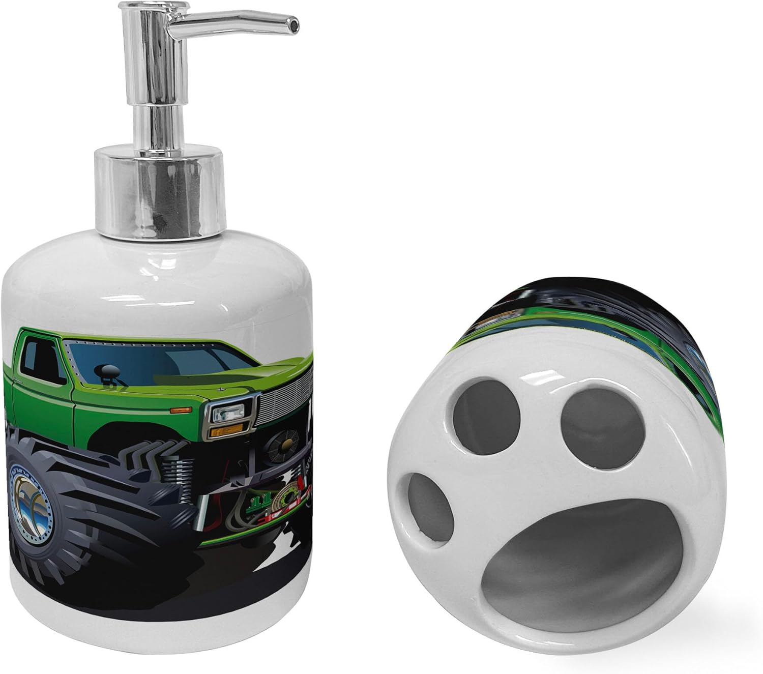 Ambesonne Giant Monster Truck Soap Dispenser Toothbrush Holder Set 2 Pcs Green Grey