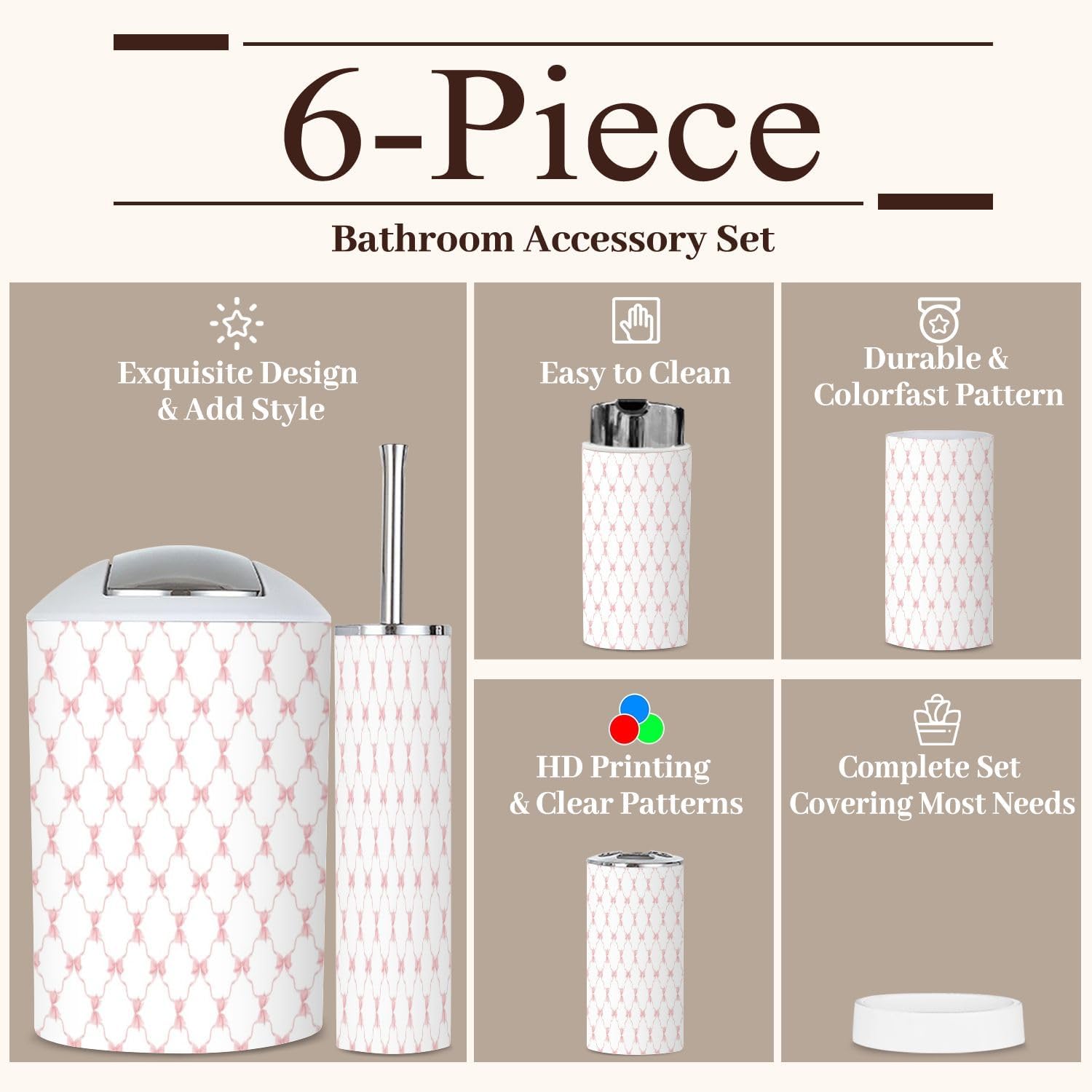 6 Piece Boho Bathroom Accessories Set with Pink Trellis Design