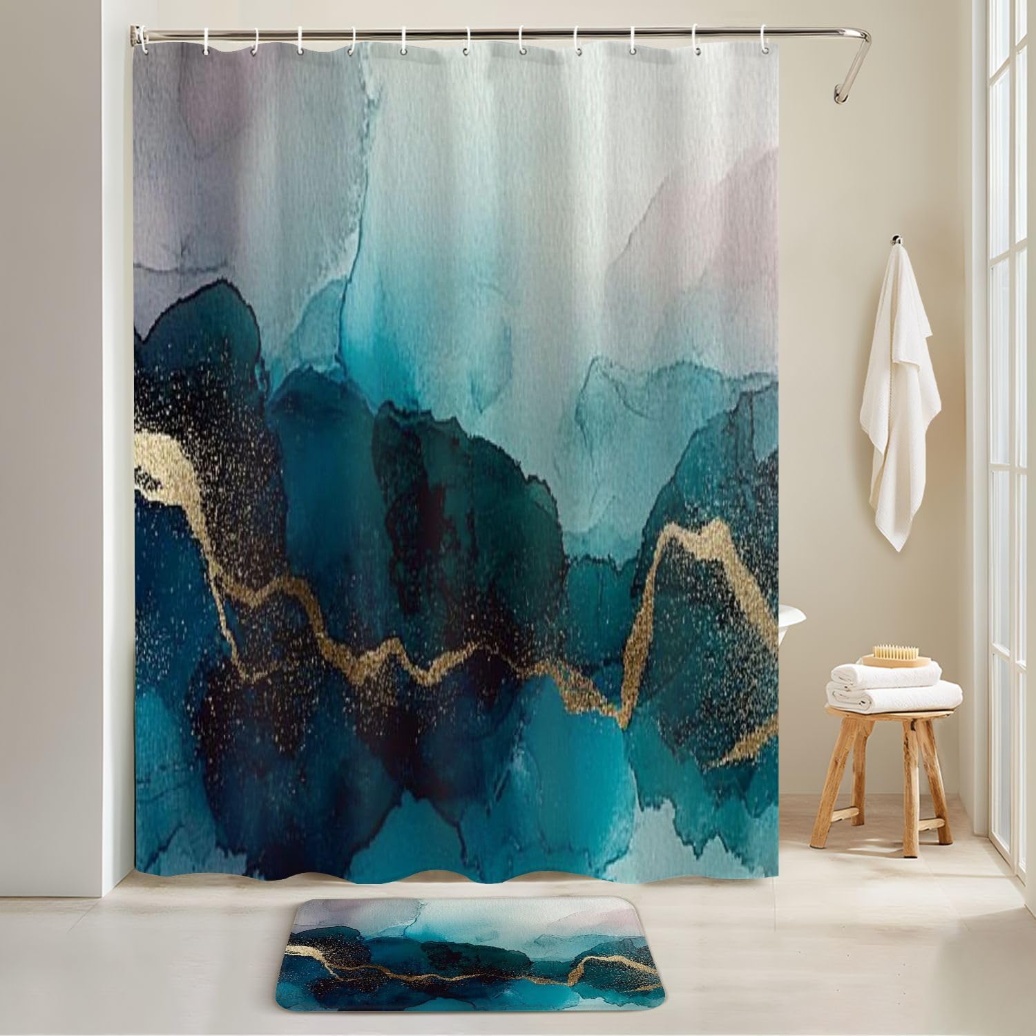 JCOOKLOFTS 4 Piece Shower Curtain Set with Rugs Mats and Lid Cover