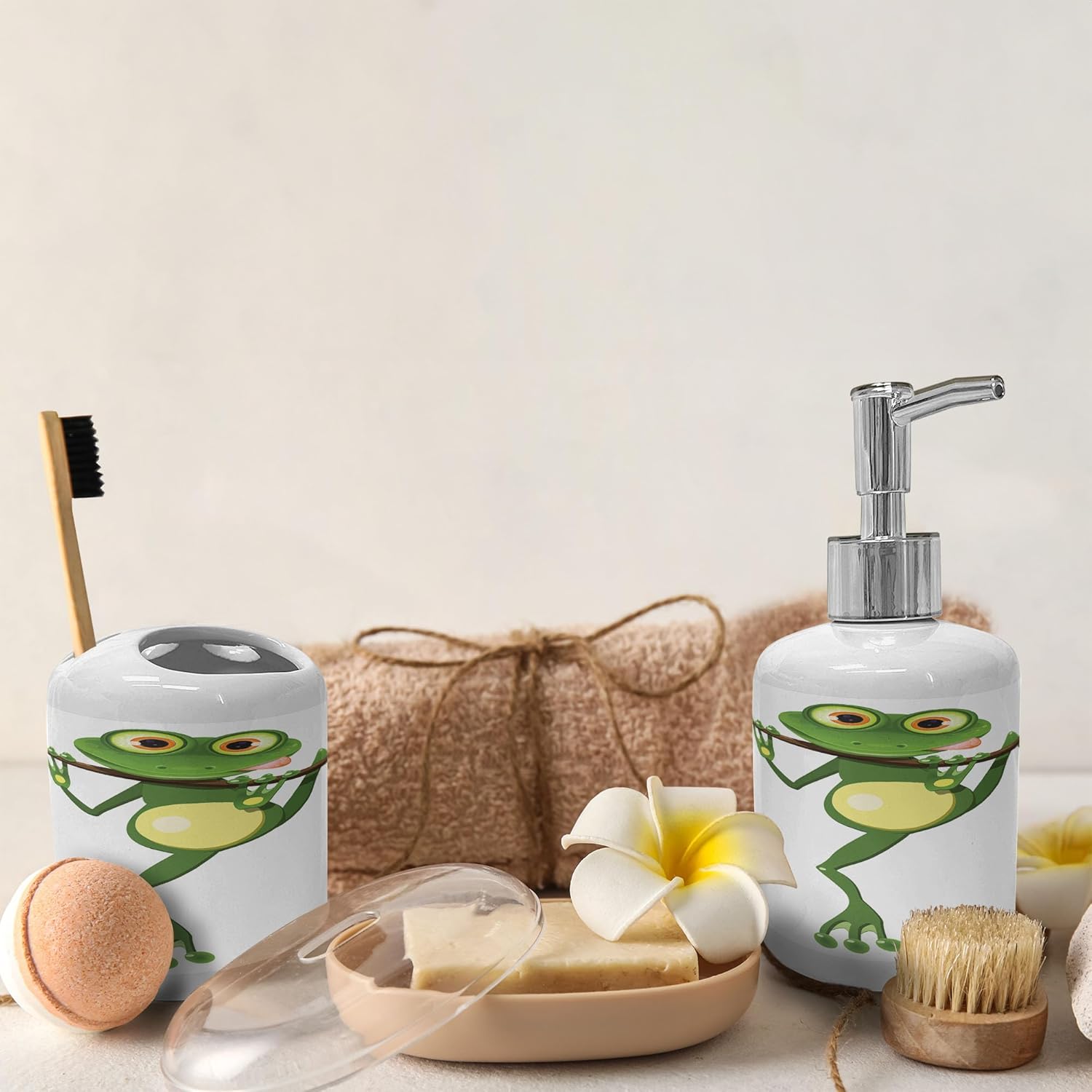 Ambesonne Little Frog Soap Toothbrush Holder Set 2 Pcs Green White Yellow