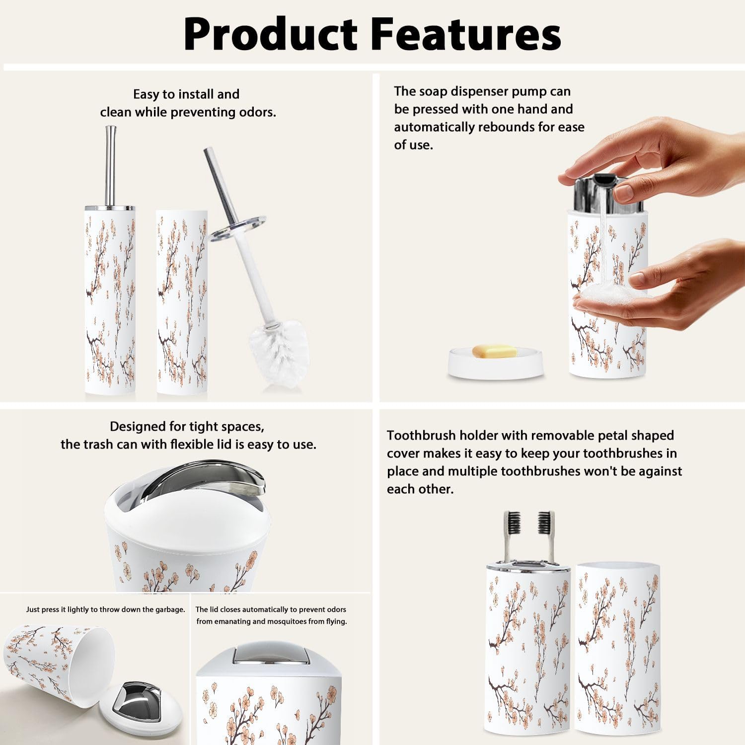 TRANQDEHOM 6-Piece Bathroom Accessory Set with Cherry Blossom Design