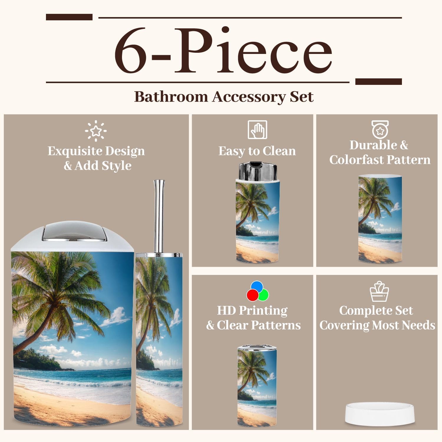 6 Piece Bathroom Accessories Set with Palm Trees Design 1