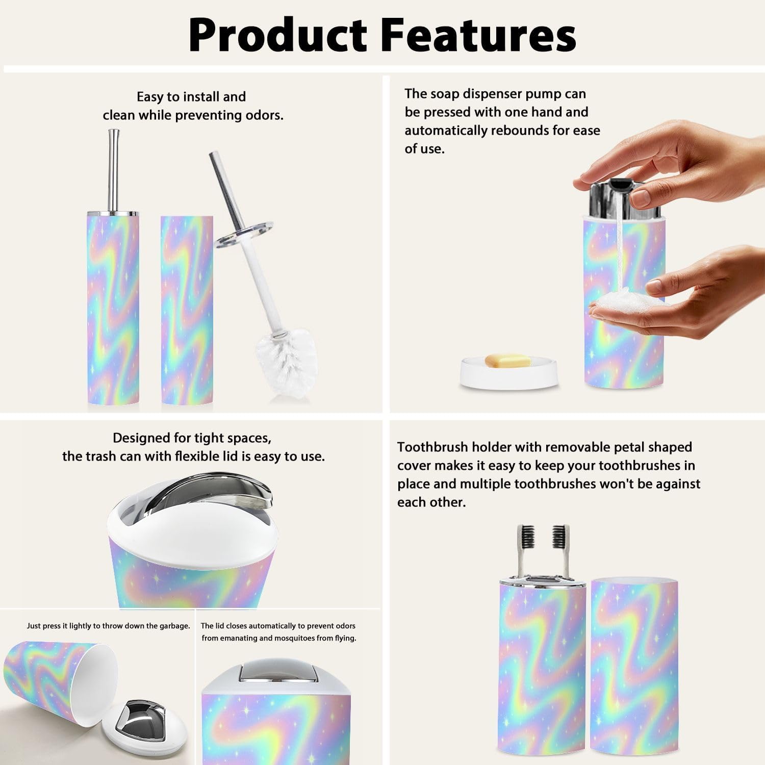 Boho Dreamy Rainbow Bathroom Accessory Set of 6
