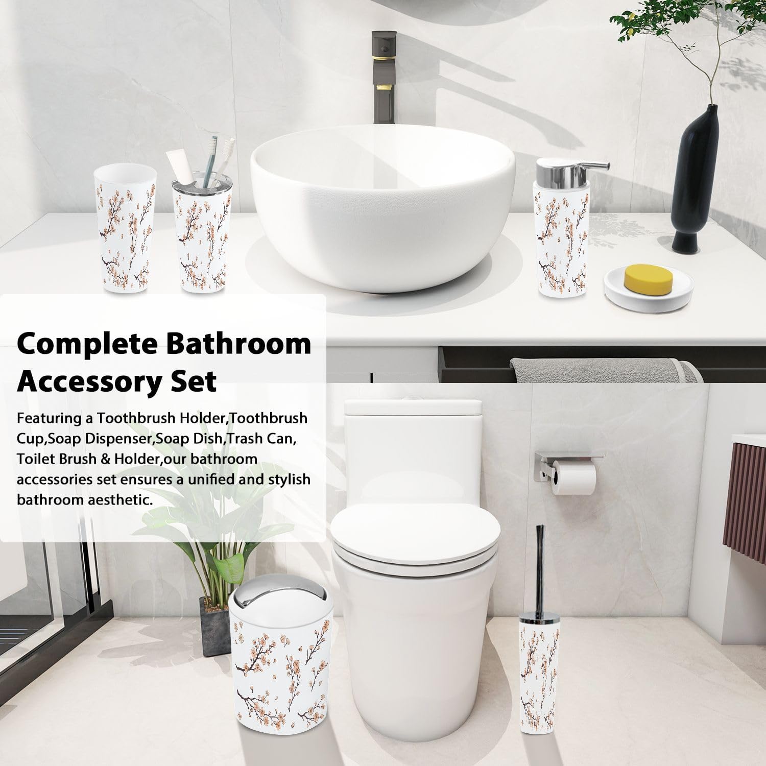 TRANQDEHOM 6-Piece Bathroom Accessory Set with Cherry Blossom Design