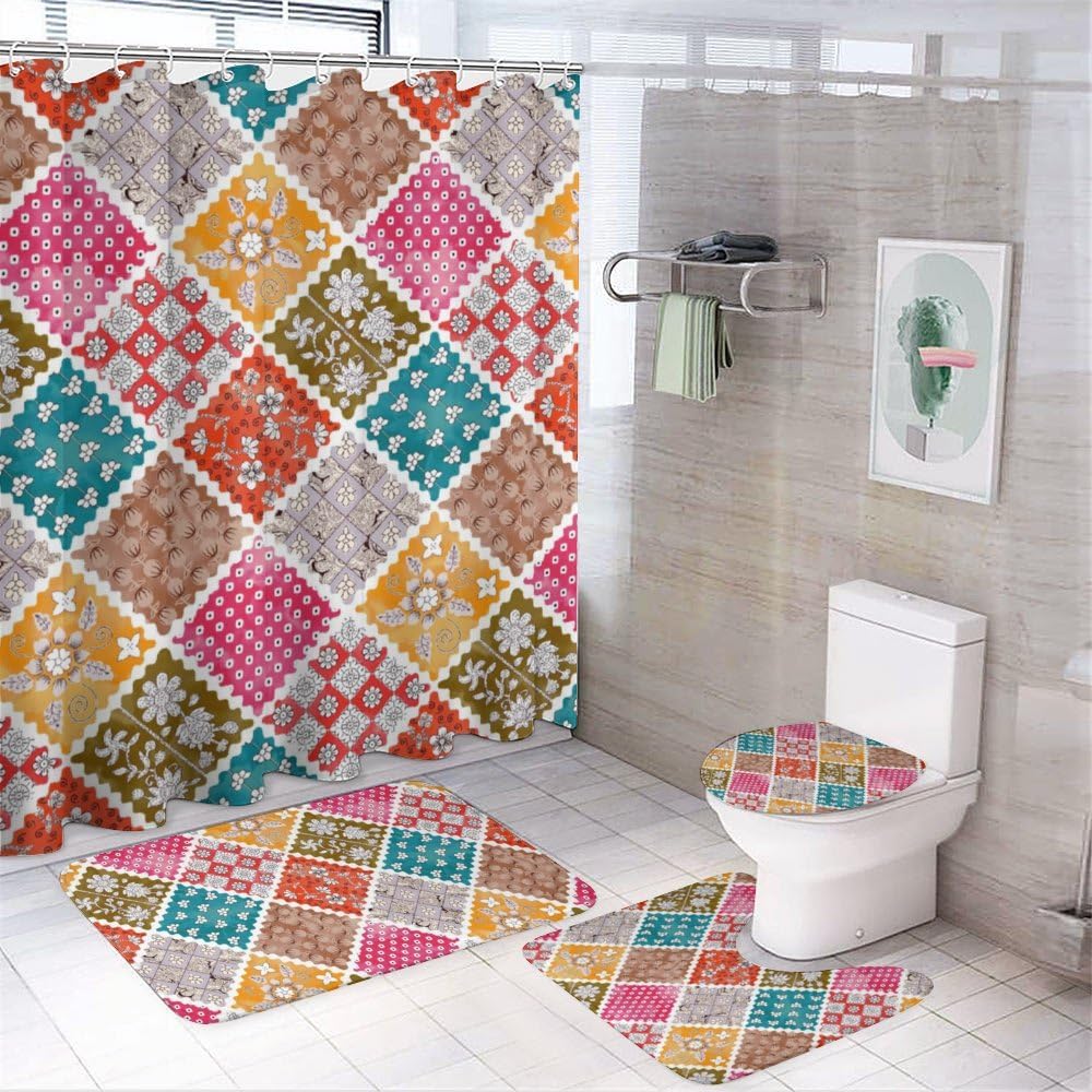 Kuizee 4-Piece Shower Curtain Set with Non-Slip Rugs and 12 Hooks