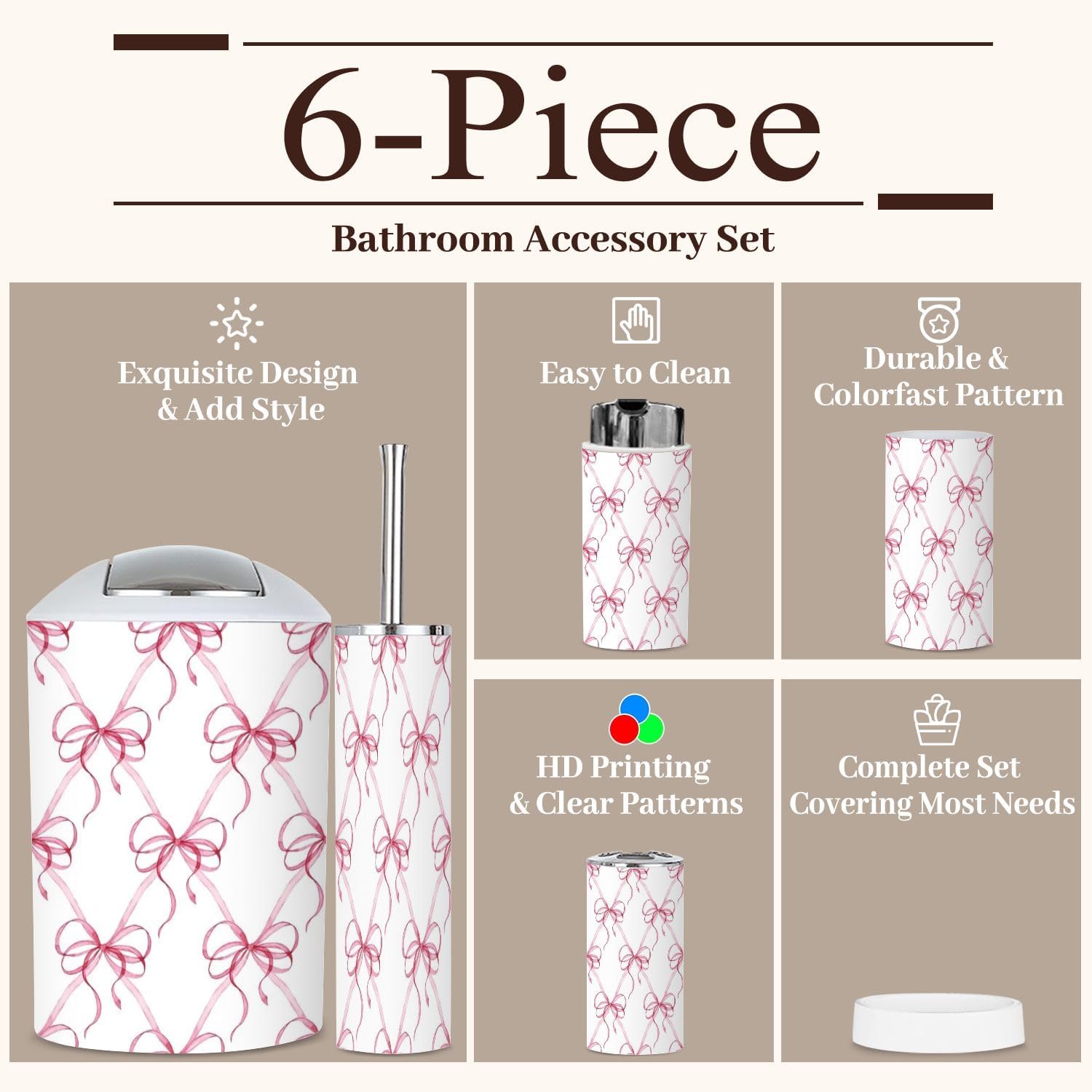 6 Piece Bathroom Accessories Set with Pink Ribbons