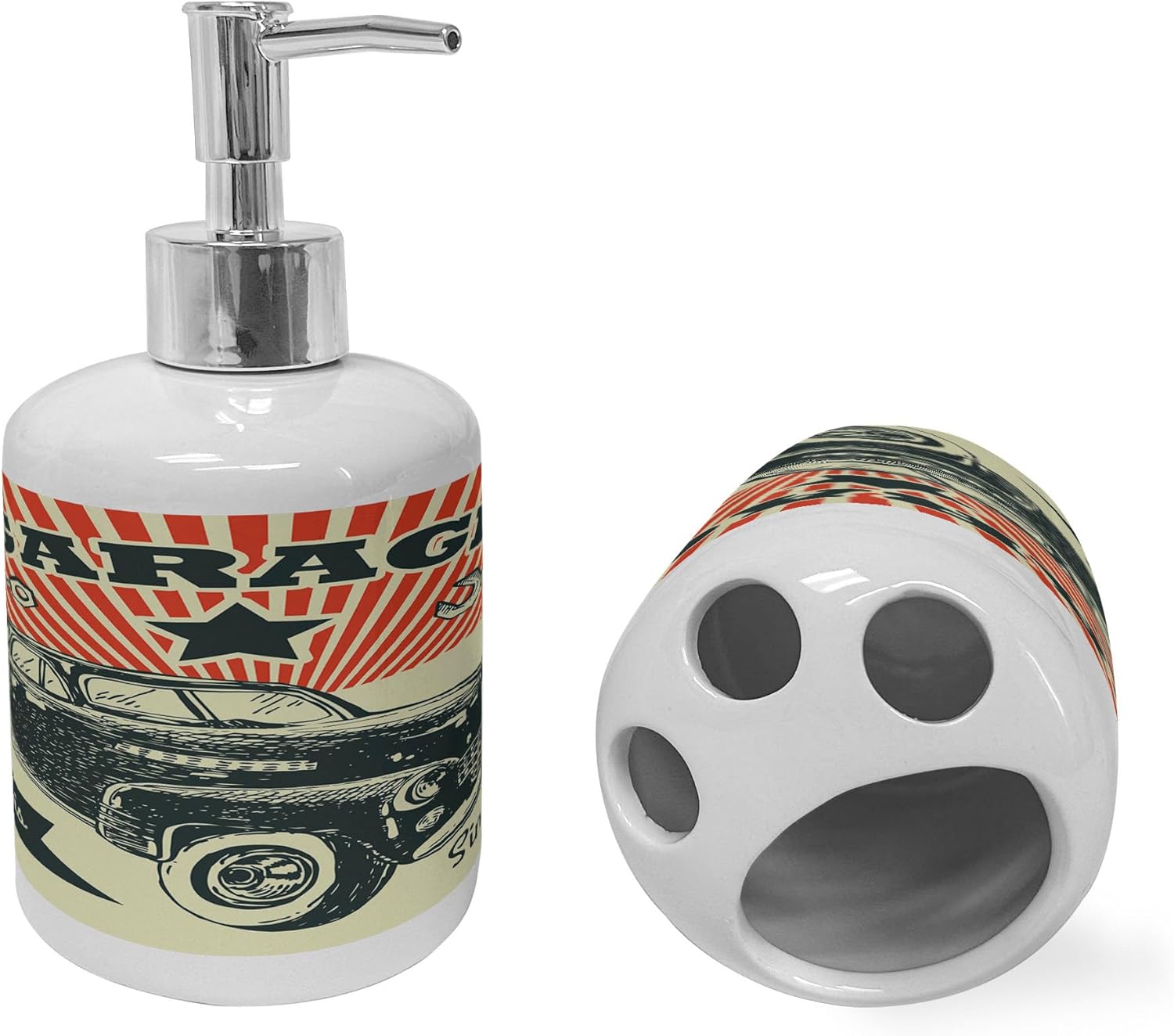 Ambesonne Ceramic Soap Toothbrush Holder Set Retro Advertising Poster Style Emerald Orange
