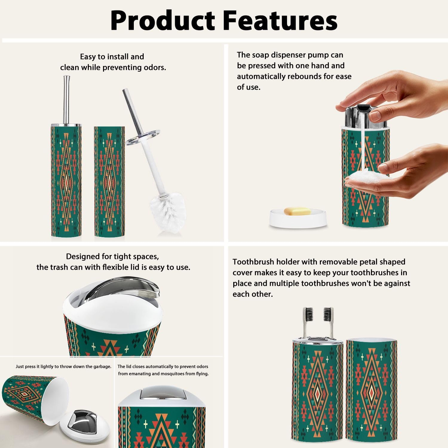 Boho Bathroom Accessory Set 6 Piece Modern Navajo Design