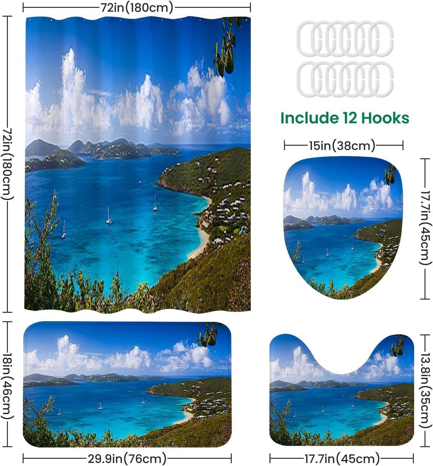 4 Piece Shower Curtain Set with Rugs and Non-Slip Mats 1