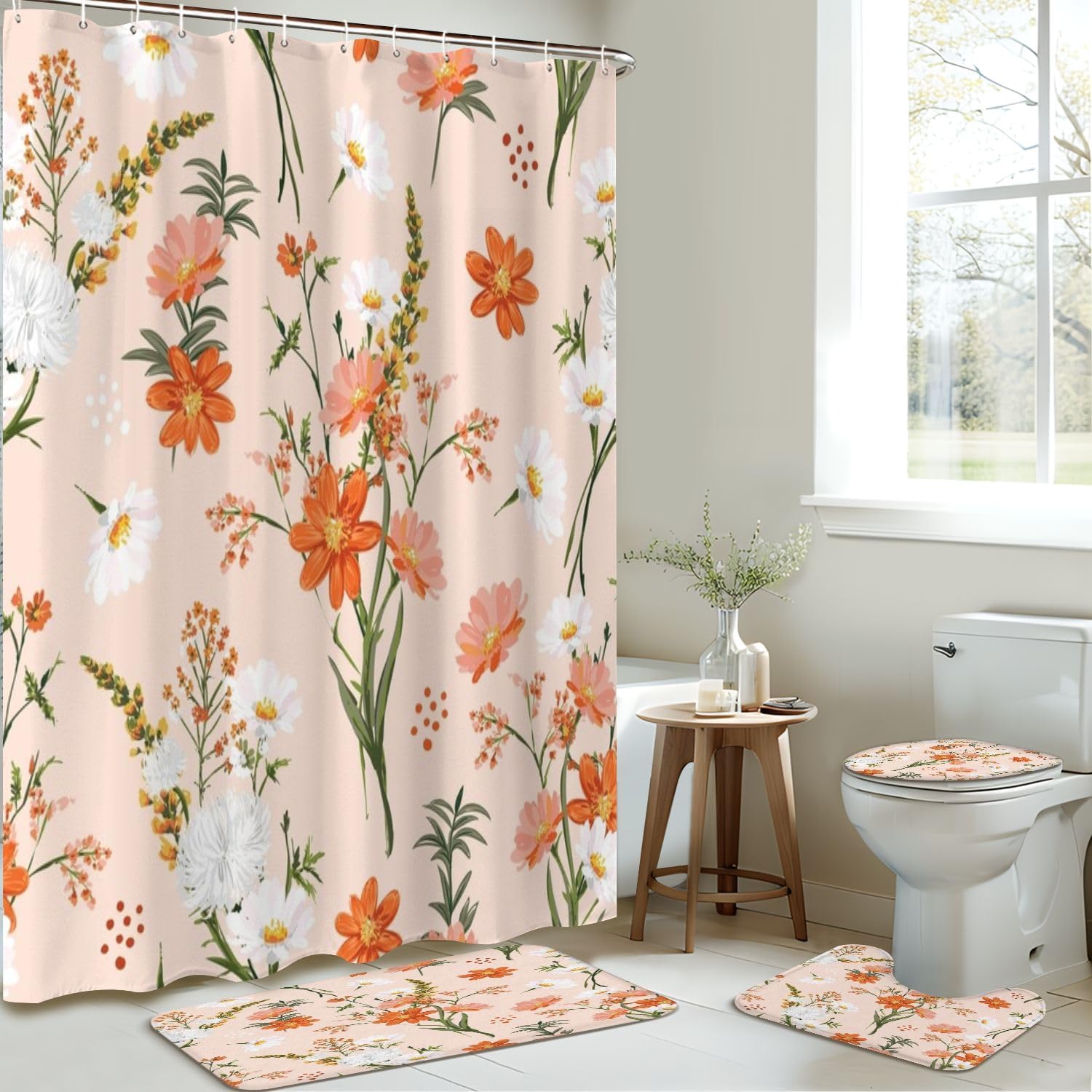 JCOOKLOFTS 4-Piece Shower Curtain Set with Rugs and Mats