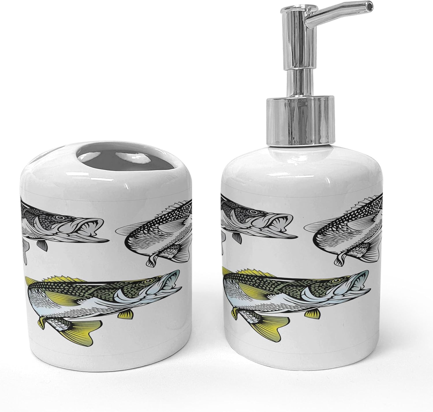 Ambesonne Bass Fish Soap Dispenser Toothbrush Holder Set 2 Pcs