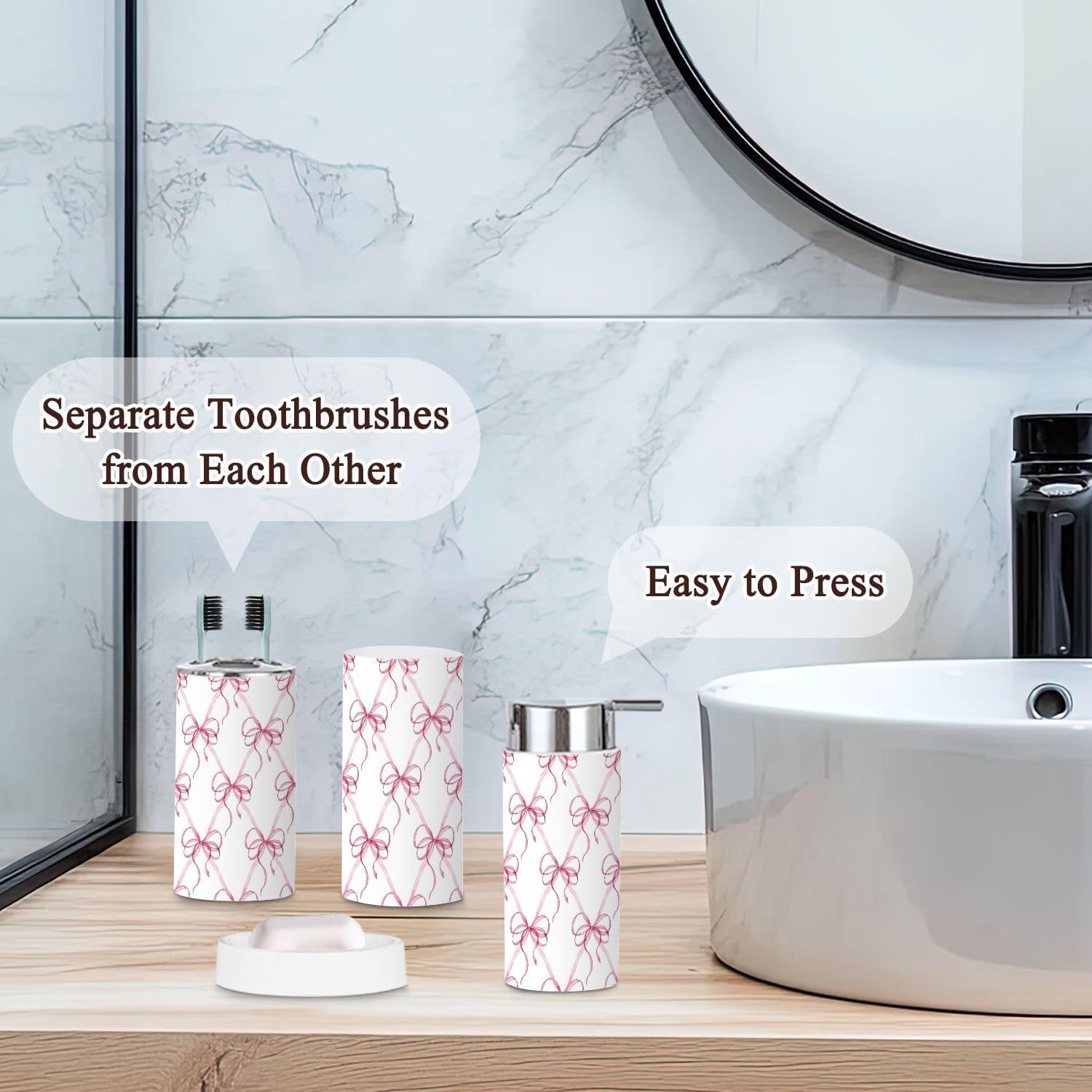 6 Piece Bathroom Accessories Set with Pink Ribbons
