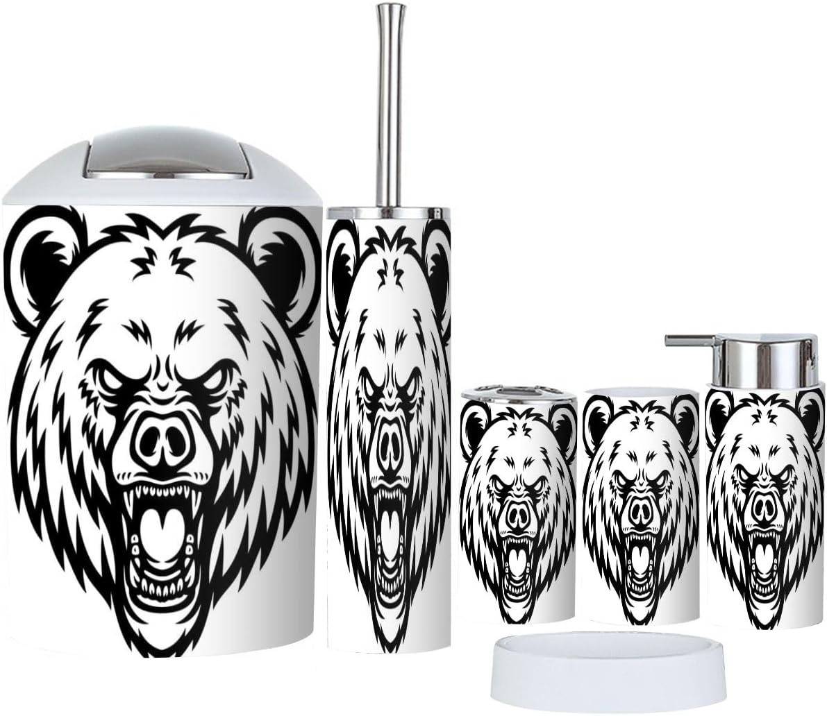6 Pcs Cartoon Angry Grizzly Bear Bathroom Accessories Set