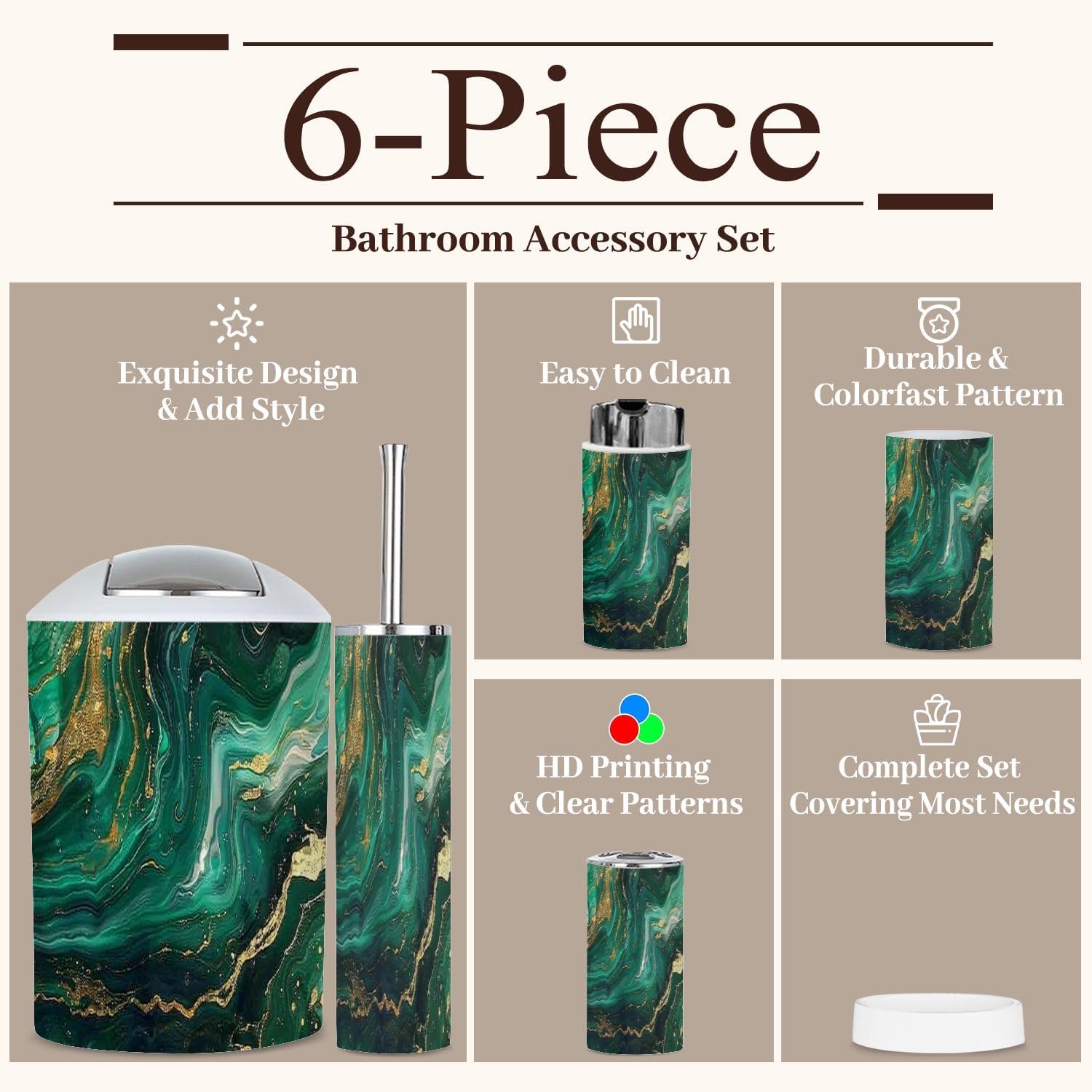 6 Piece Green Marble Bathroom Accessories Set