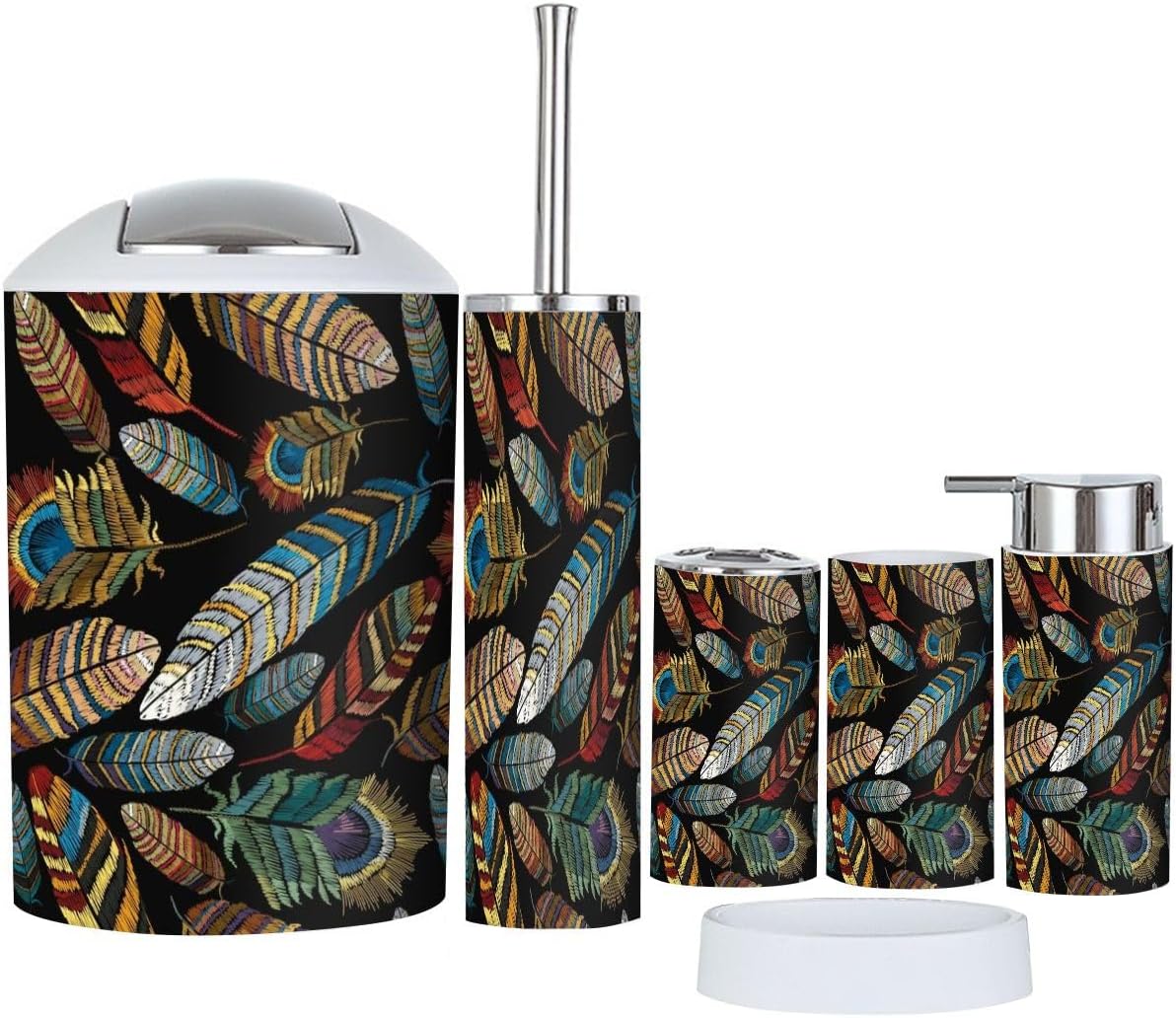 Bathroom Accessories Set 6pcs Tropical Feathers Design