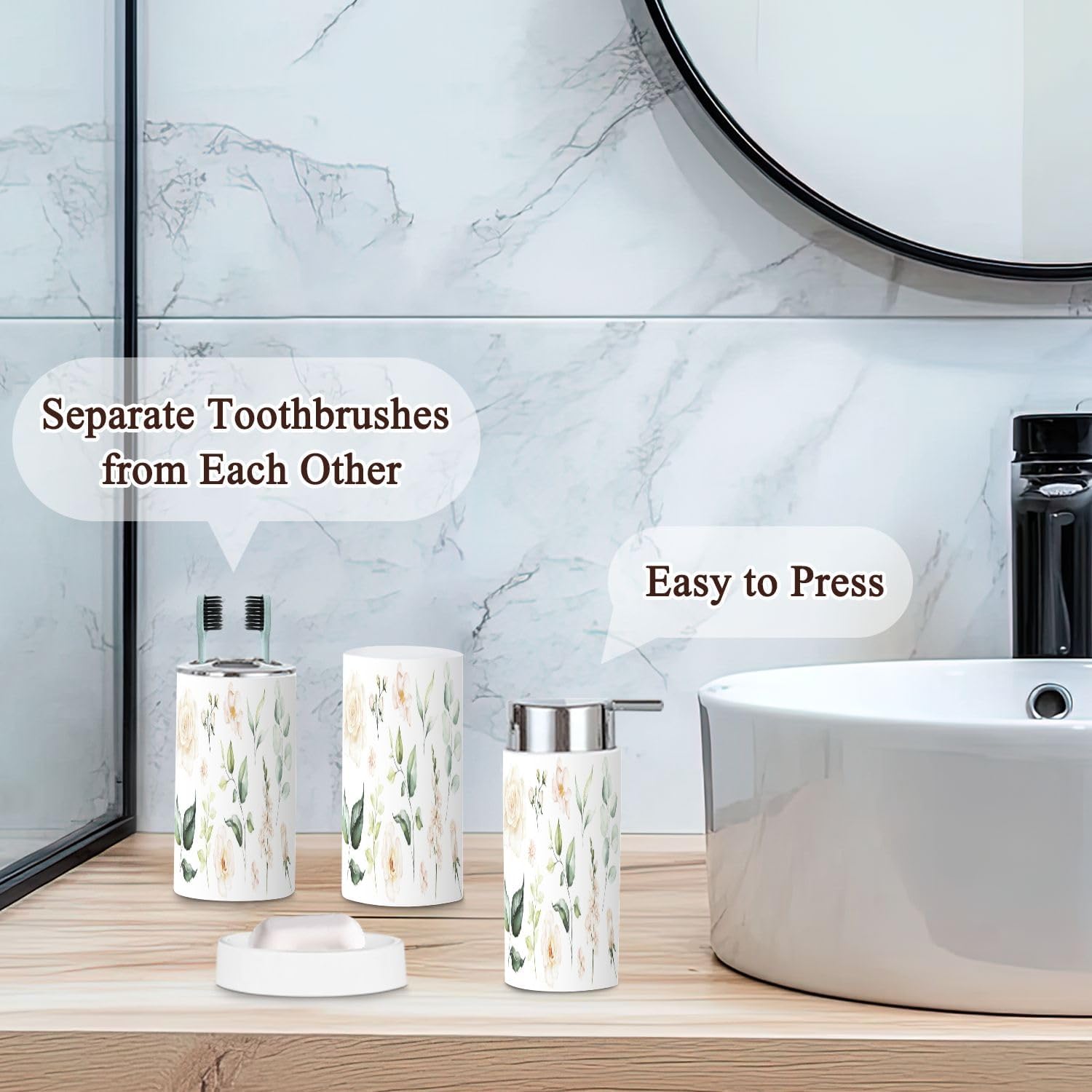 6 Piece Watercolour Floral Bathroom Accessories Set 1