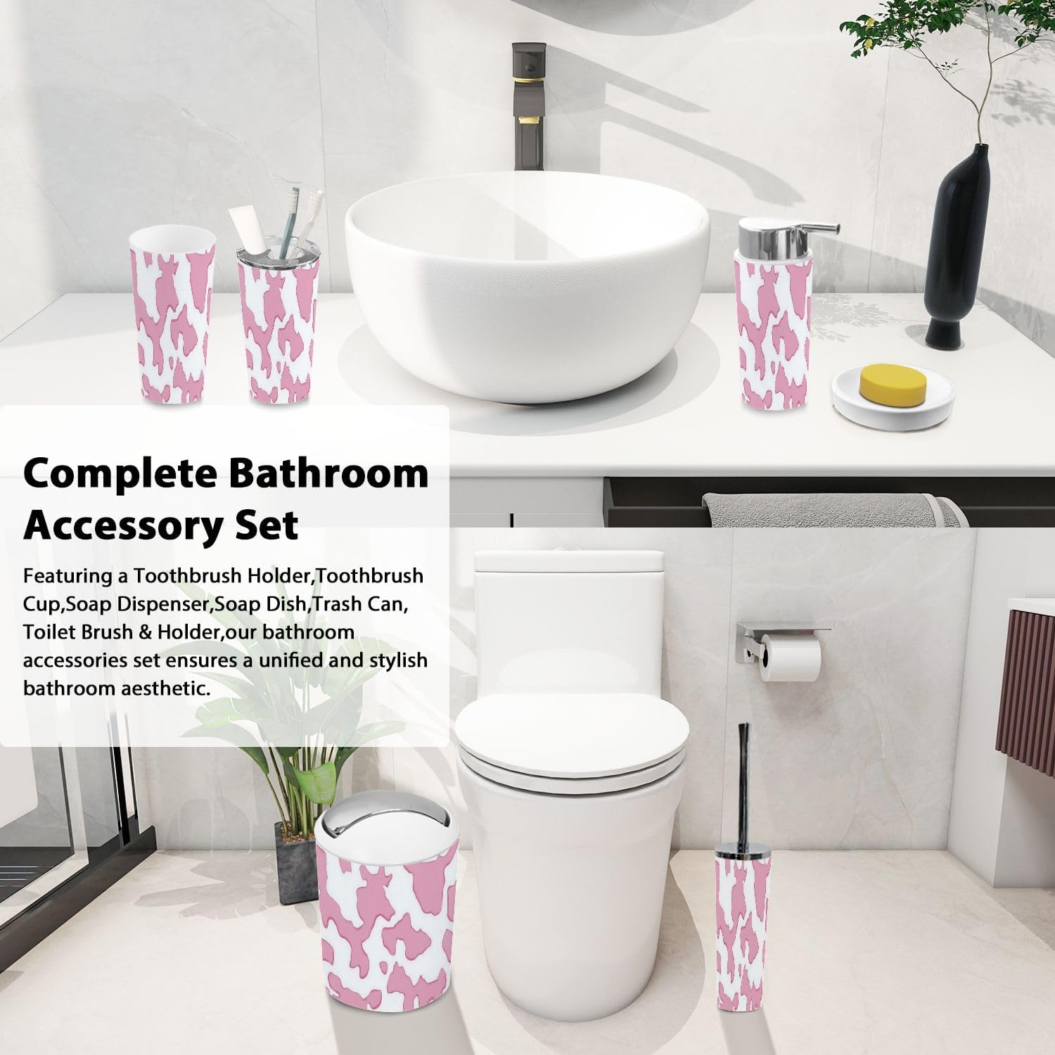 Boho Pink Cow Bathroom Accessory Set 6 Piece 1