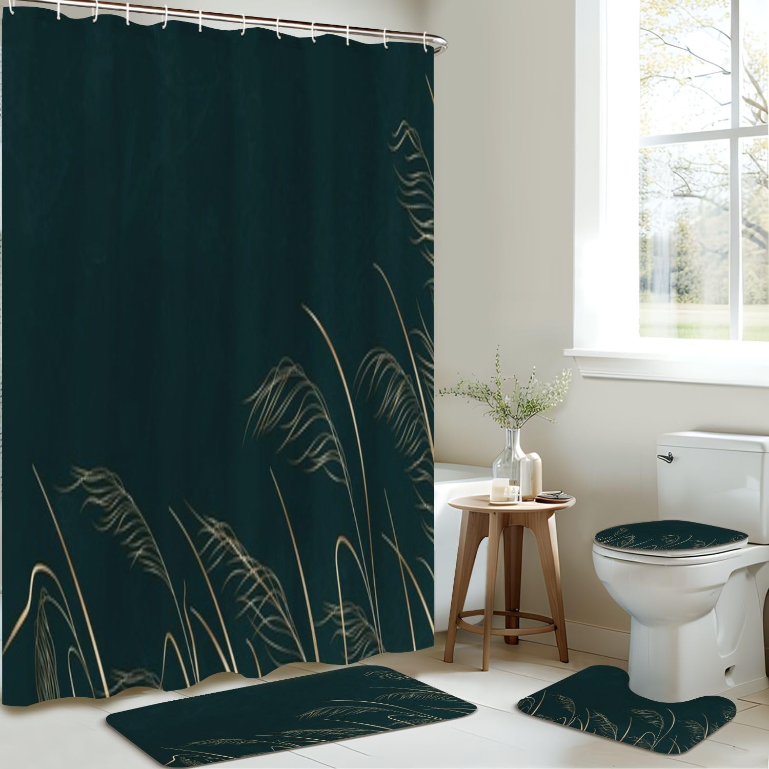 4-Piece Shower Curtain Set with Rugs and Floral Design