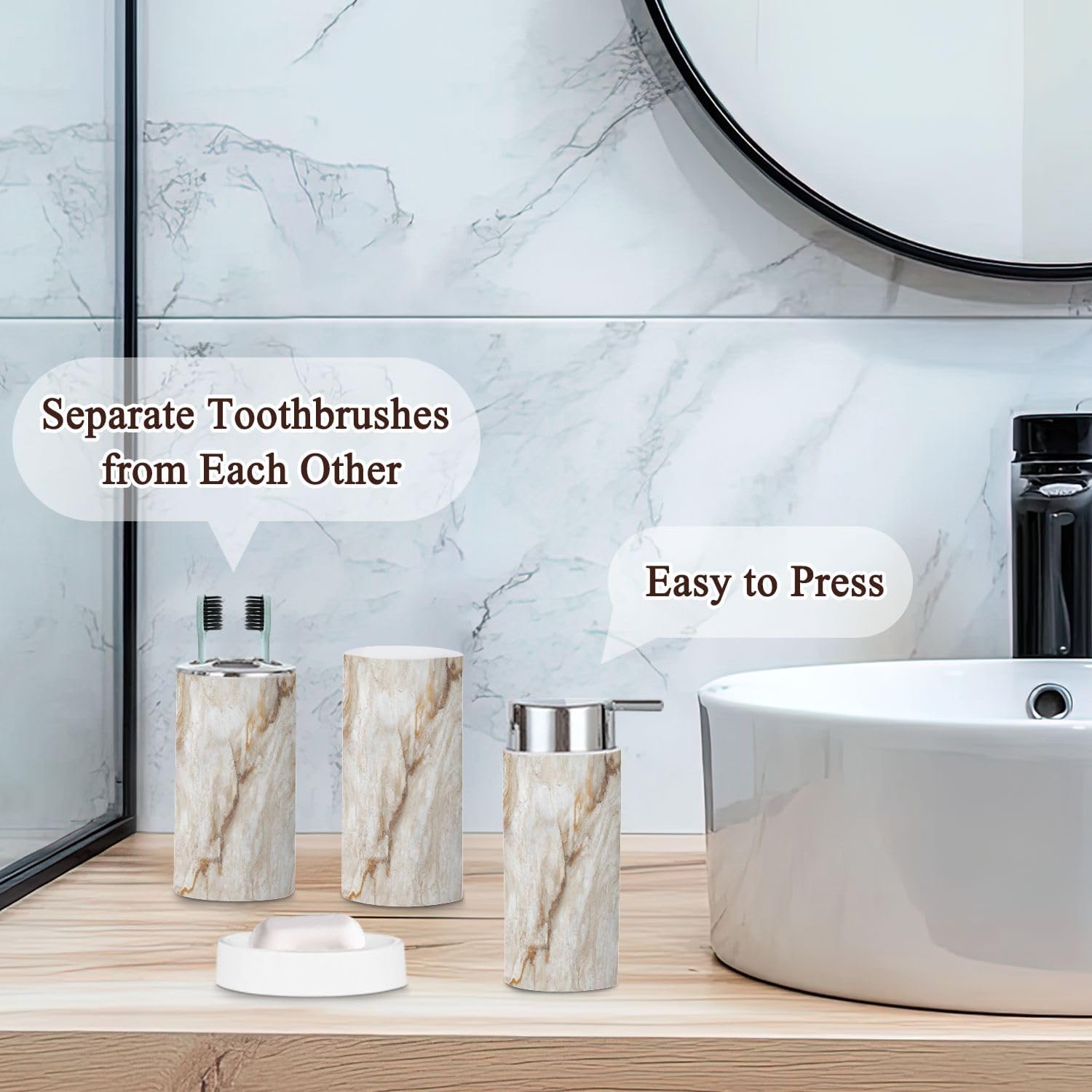 6 Piece Bathroom Accessories Set in Beige Marble