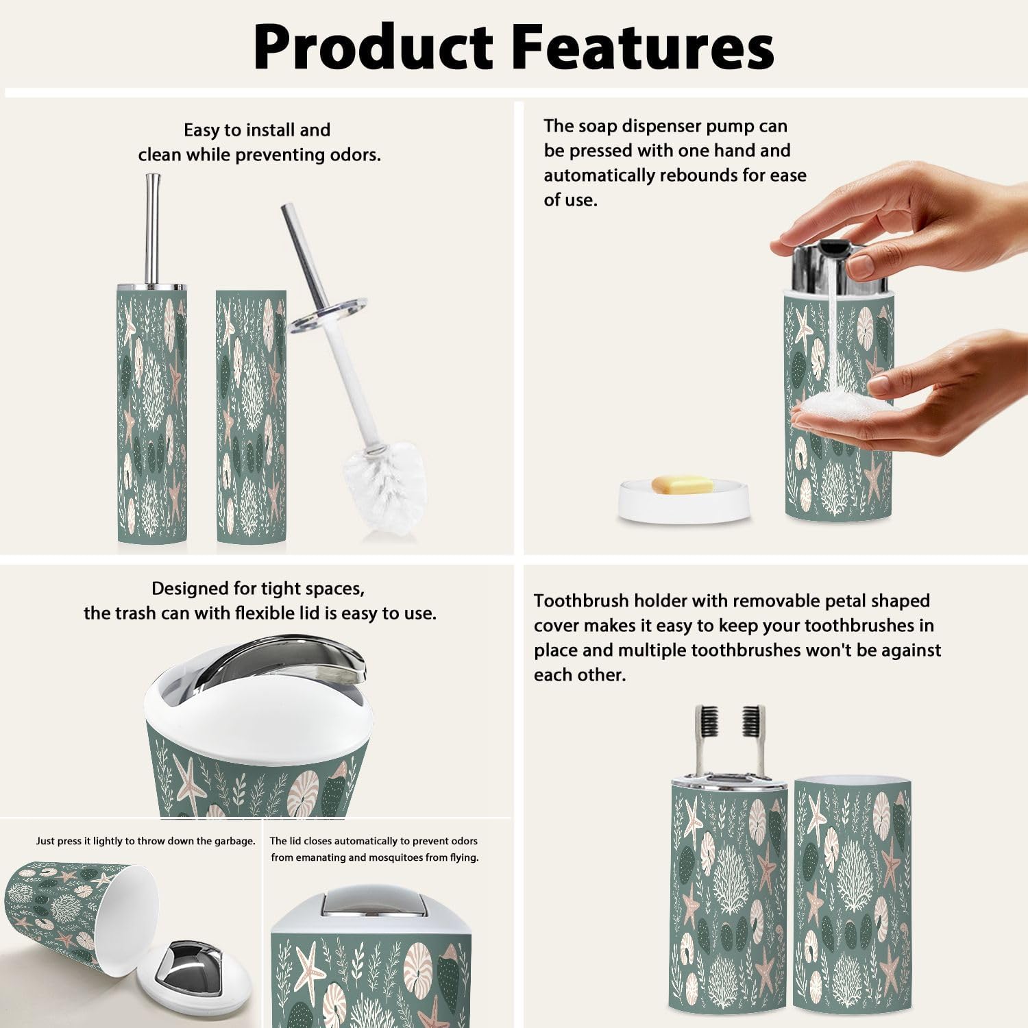 Boho Bathroom Accessory Set 6 Piece Modern Marine Life Design