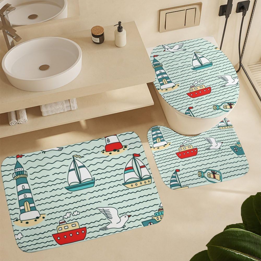 Kuizee 4-Piece Shower Curtain Set with Non-Slip Rugs and Lighthouses Design