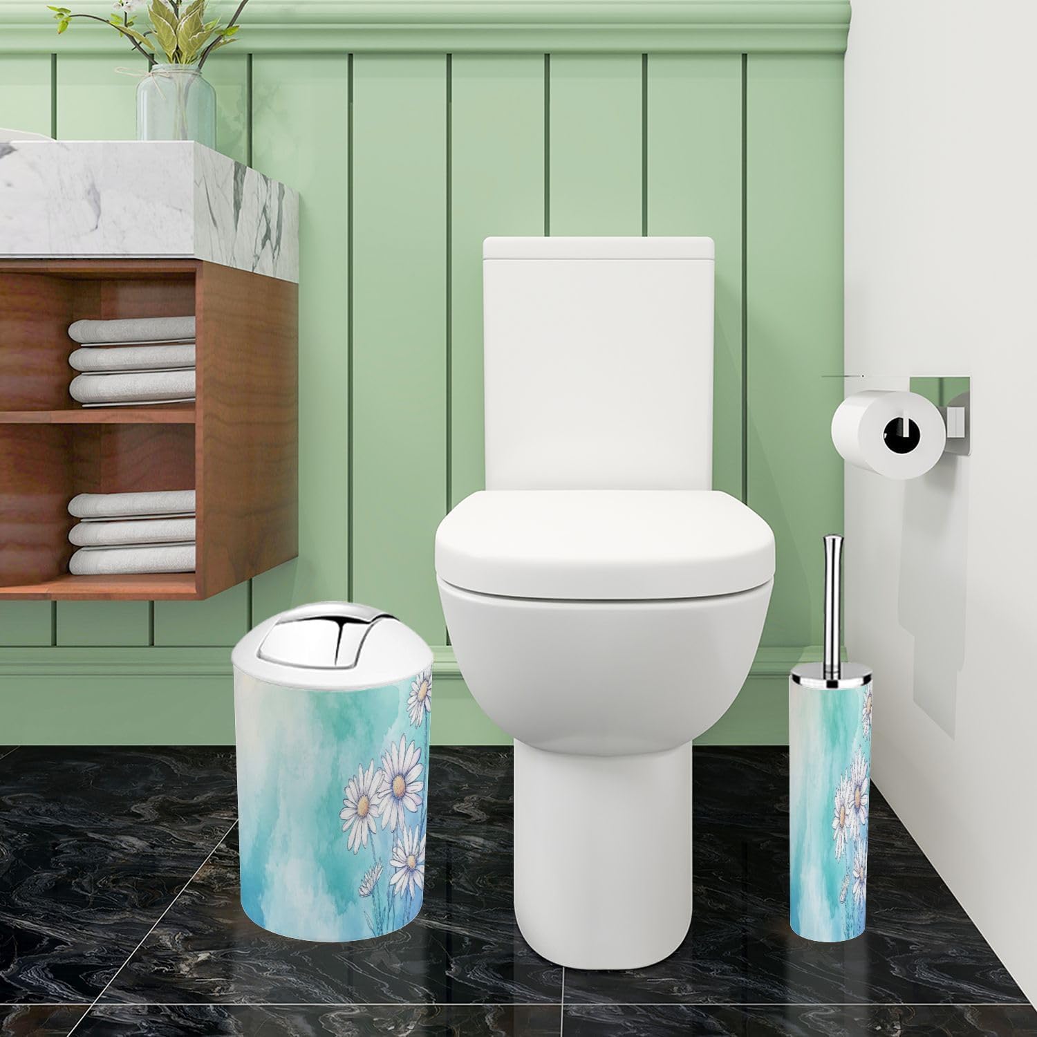 Boho White Daisies Bathroom Accessory Set 6 Piece 1