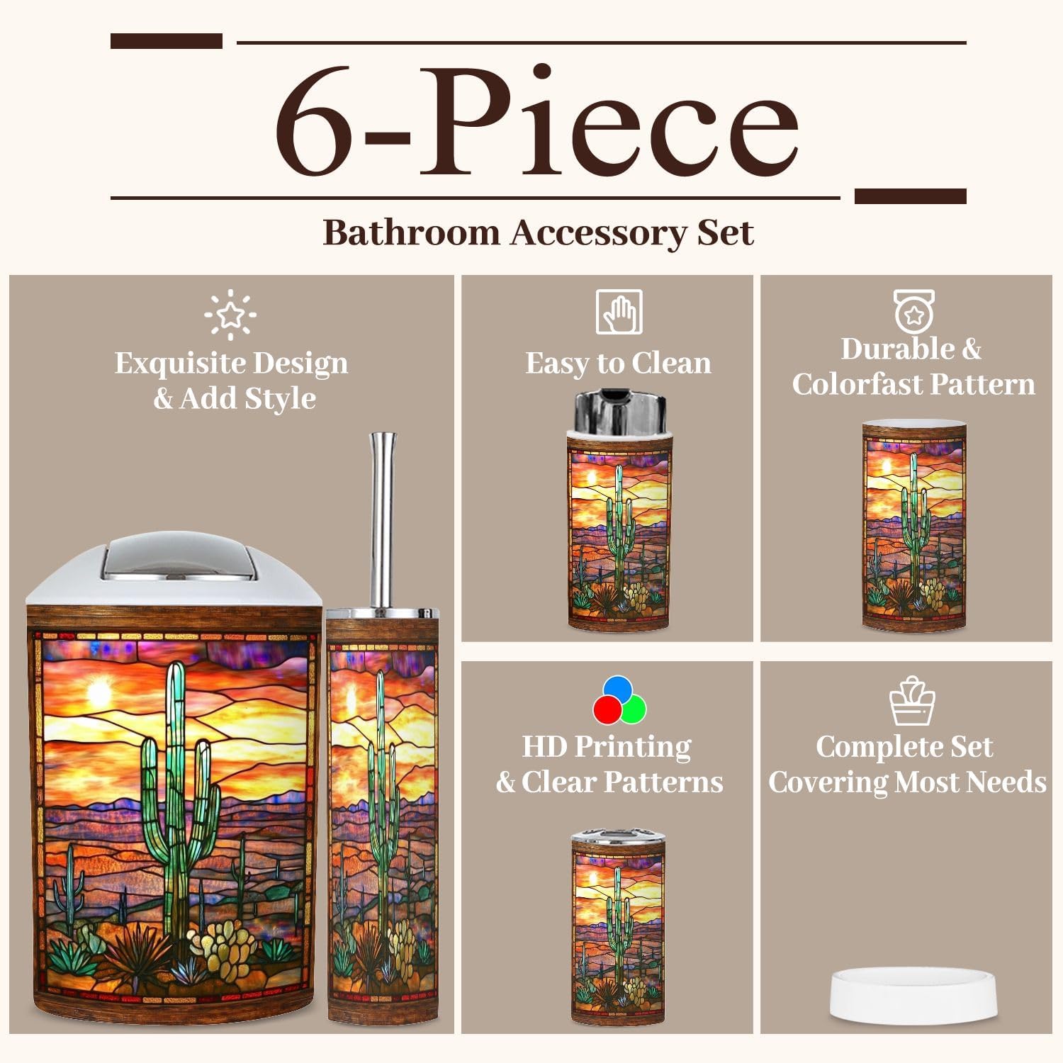 6 Piece Bathroom Accessories Set Textured Sunset Cactus Art