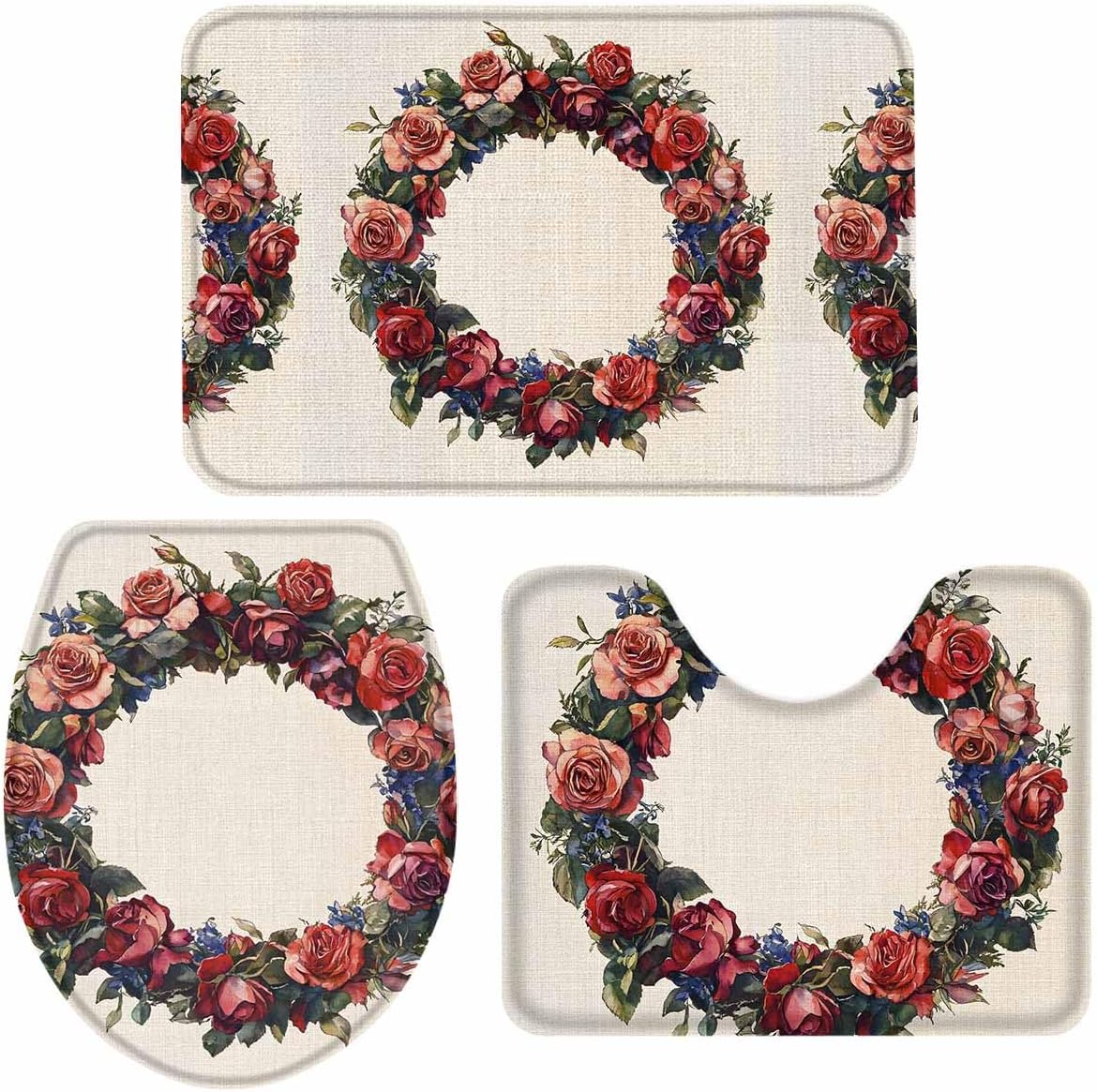 Wotrend Spring 3 Piece Bath Rug Set Red Rose Wreath