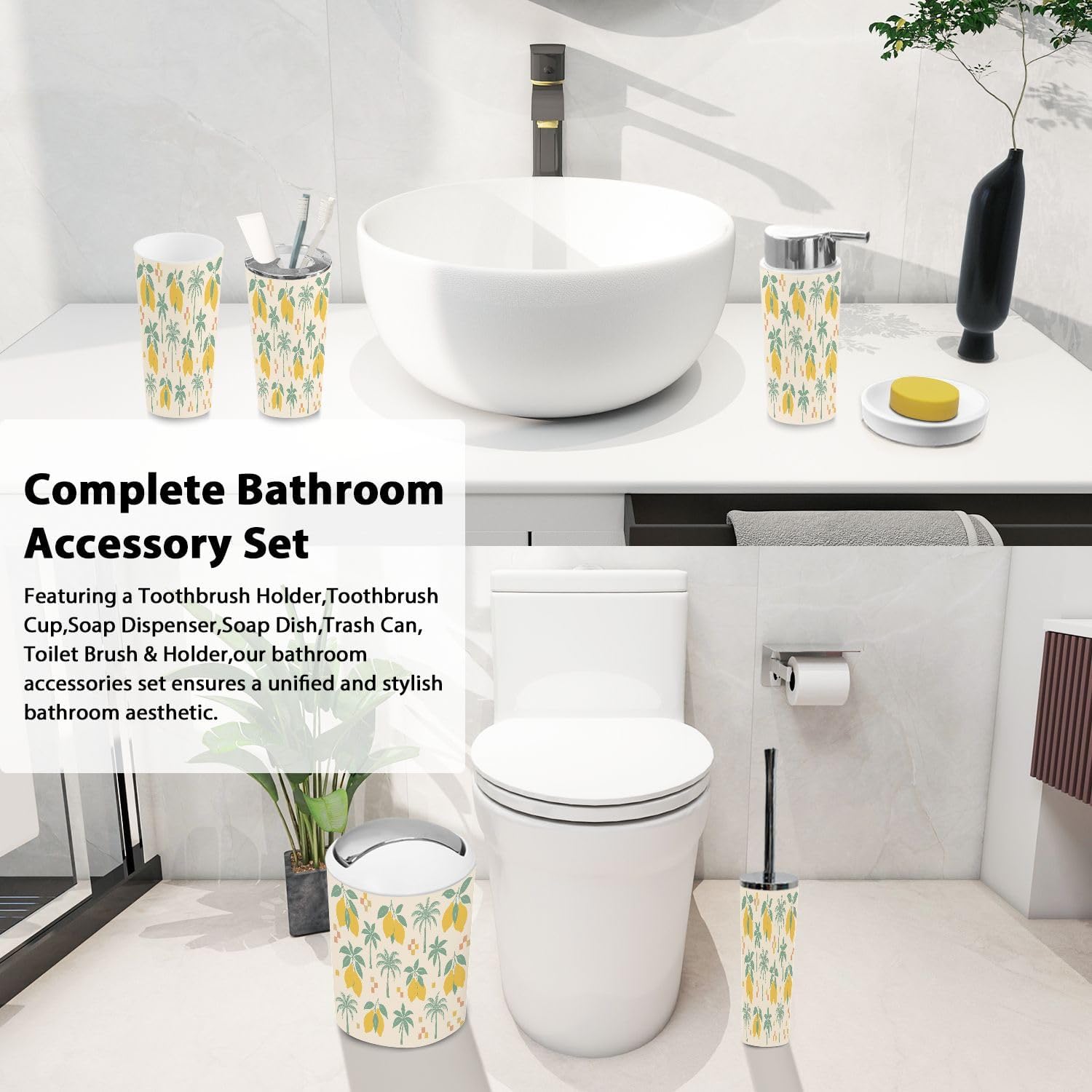 Boho Trash Can Set 6 Piece Bathroom Accessories