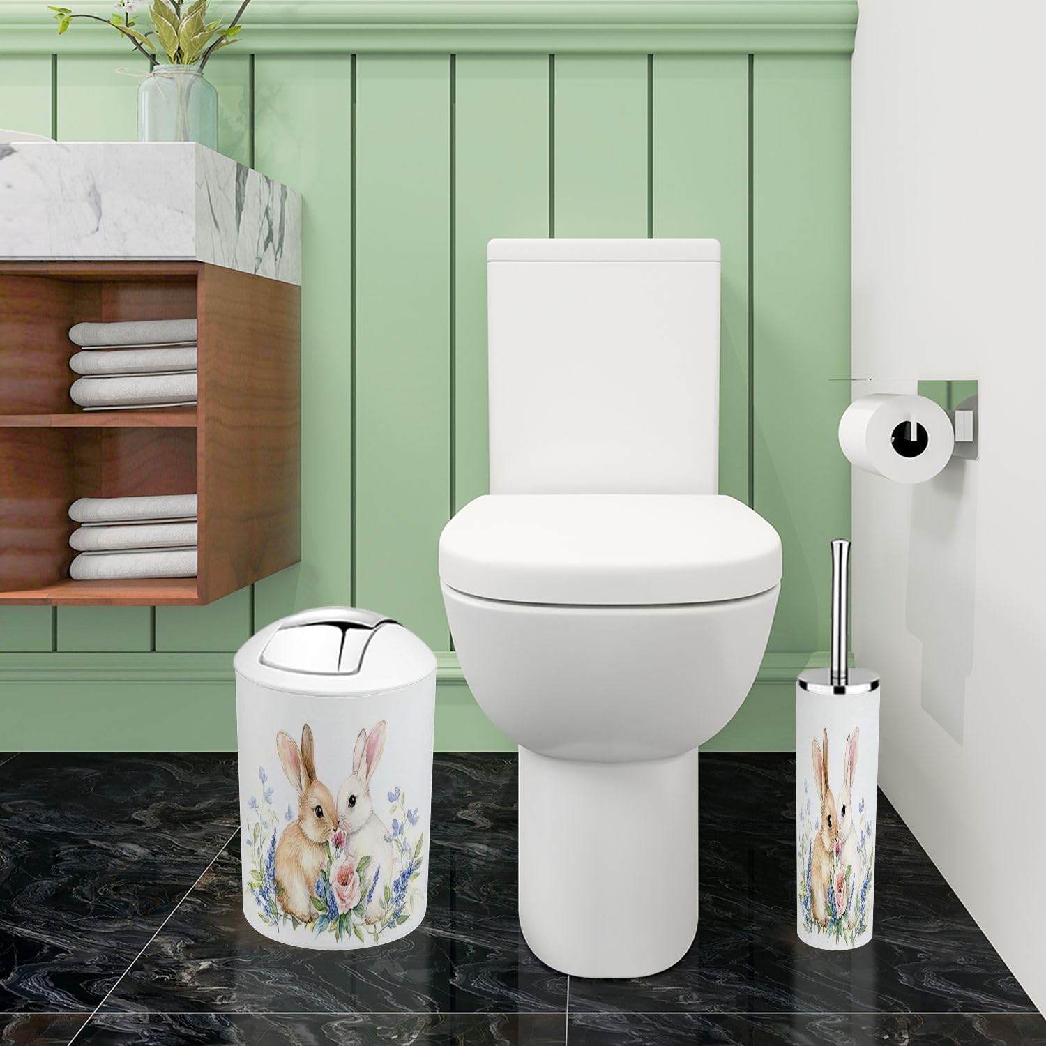 Boho Bathroom Accessory Set 6 Piece with Cute Bunnies and Flowers