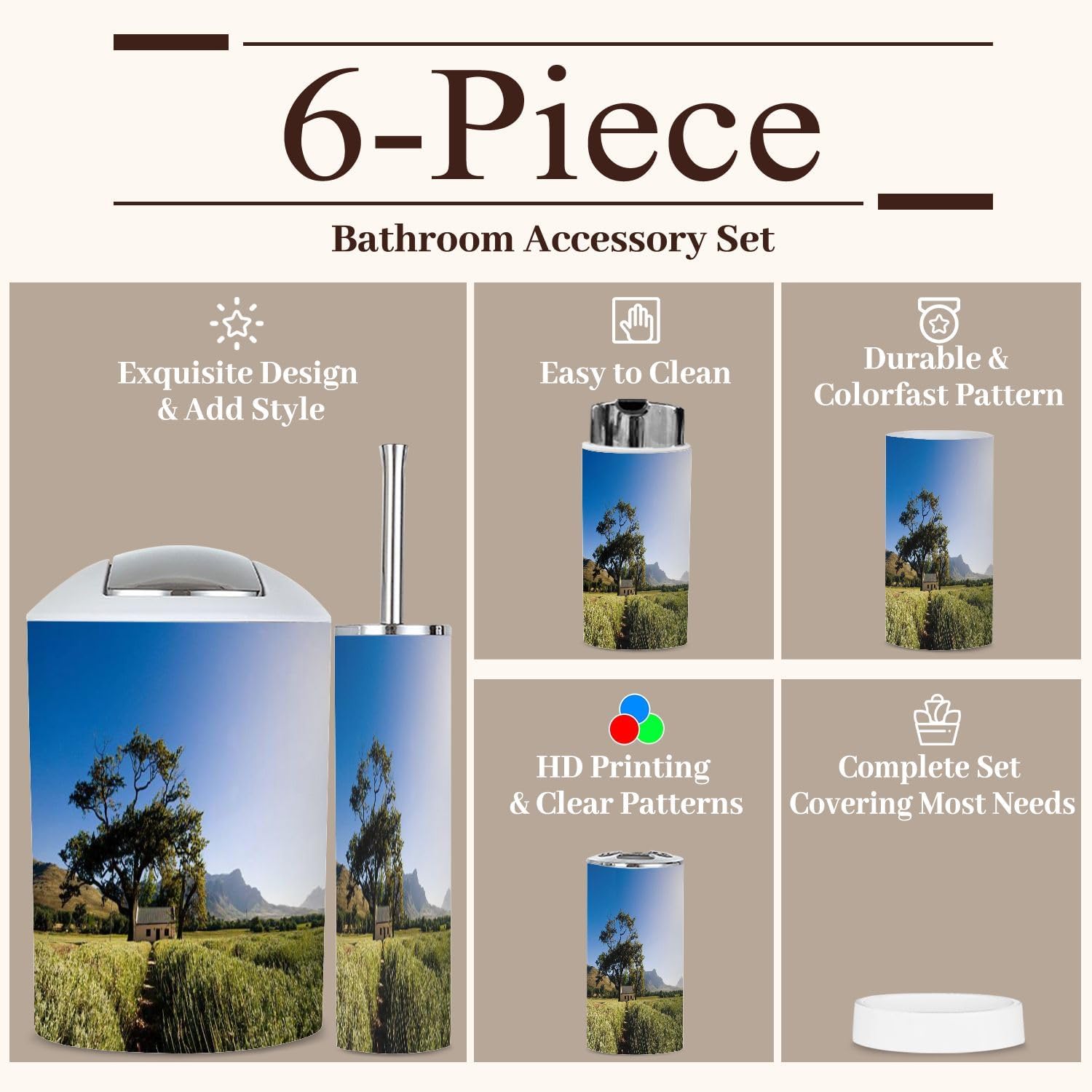 6 Piece Farmhouse Bathroom Accessories Set with Lavender Fields Design