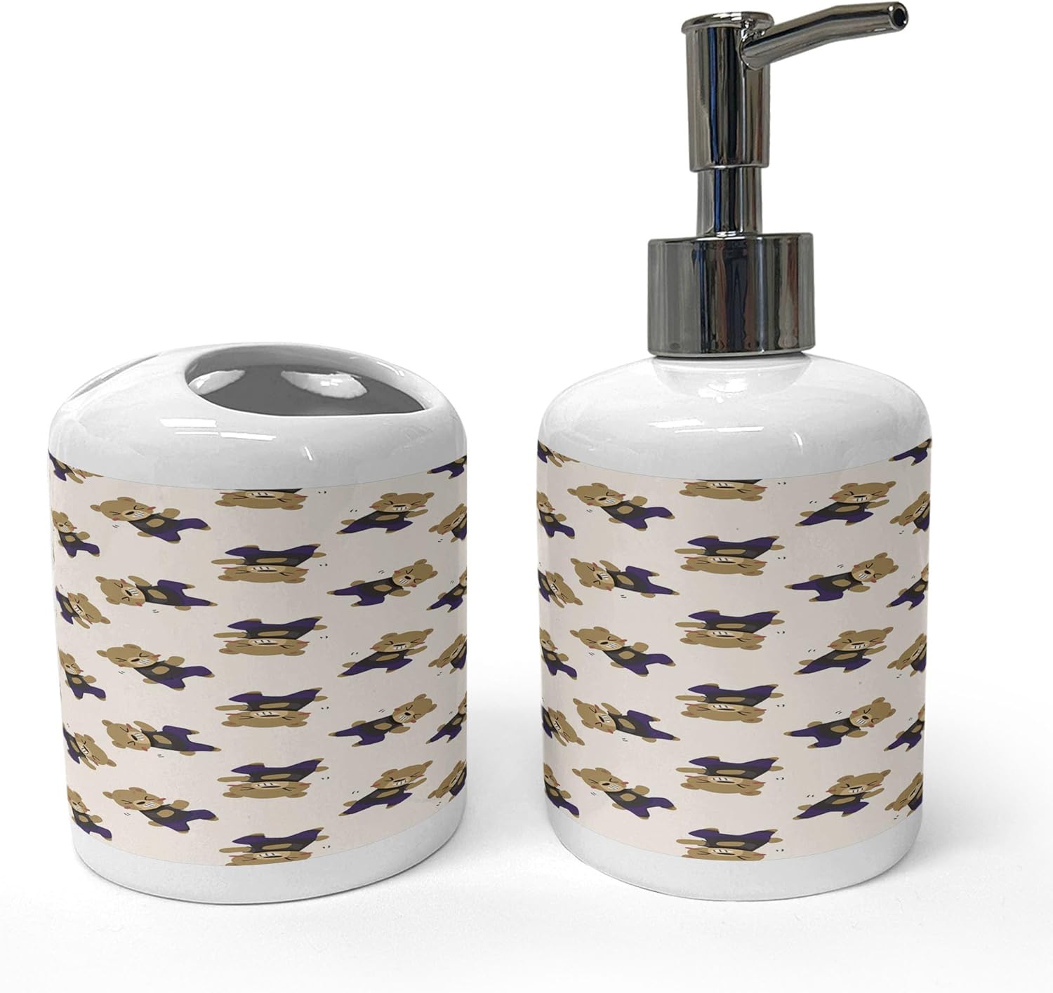 Ambesonne Dancing Bears Soap Dispenser Toothbrush Holder Set 2 Pcs