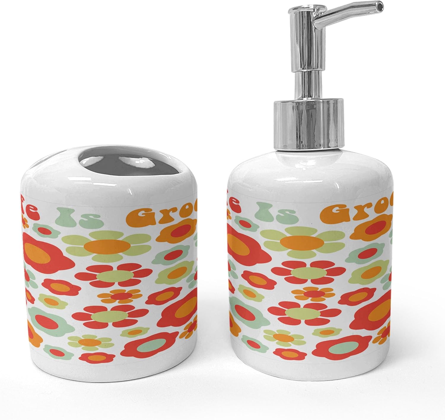 Ambesonne Groovy Soap Toothbrush Holder Set Mint Green Orange Red