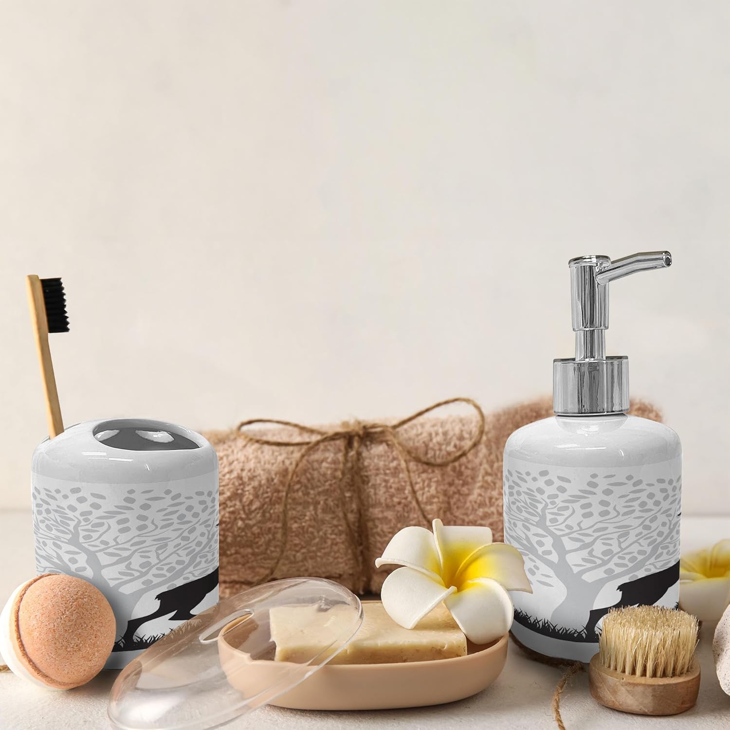 Ambesonne Deer Hunting Soap Dispenser Toothbrush Holder Set 1