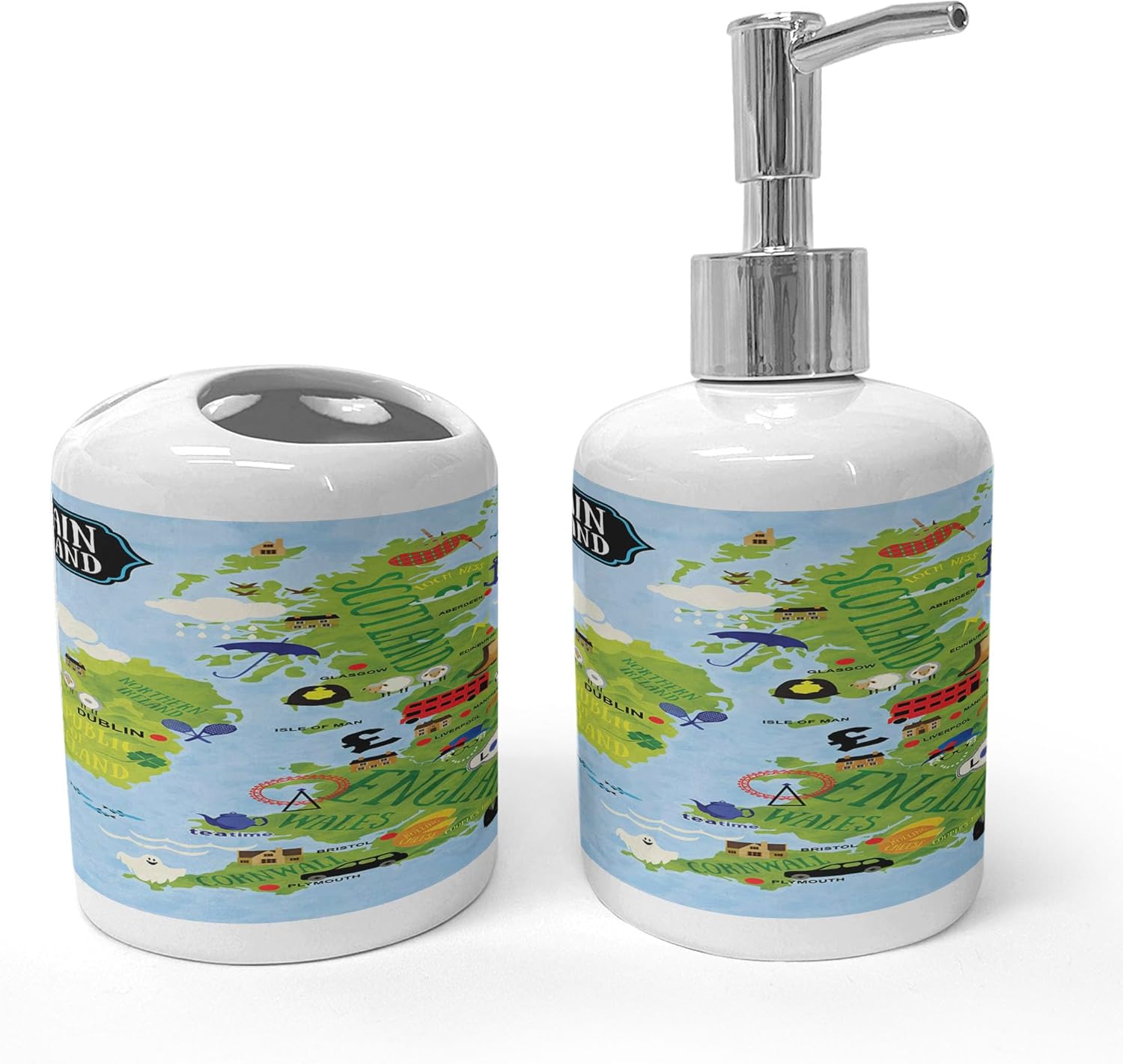 Ambesonne Cartoon Soap Toothbrush Holder Set 2 Pcs Apple Green and Pale Blue