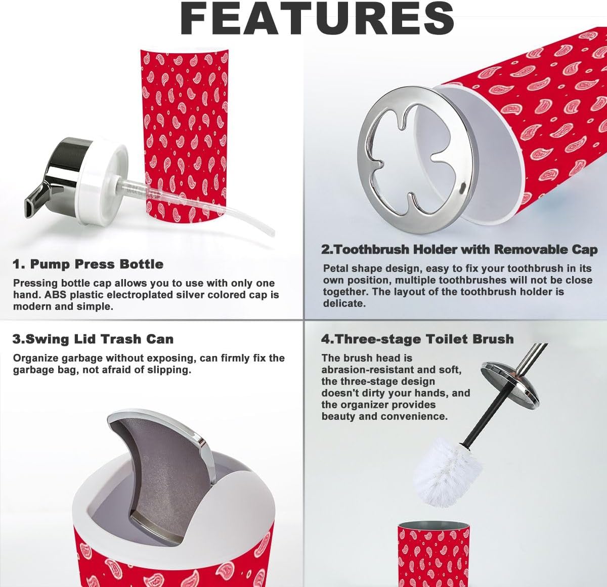 Bathroom Accessories Set 6 Pcs Red Bandana Pattern 1