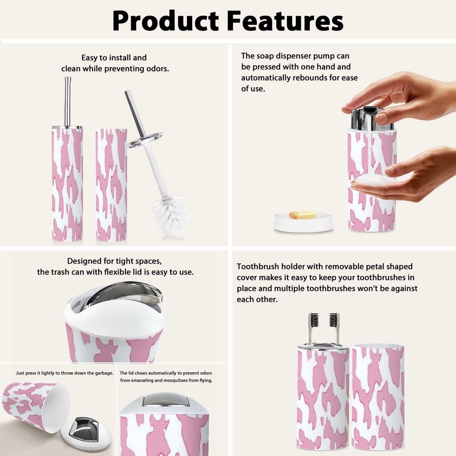 Boho Pink Cow Bathroom Accessory Set 6 Piece 1