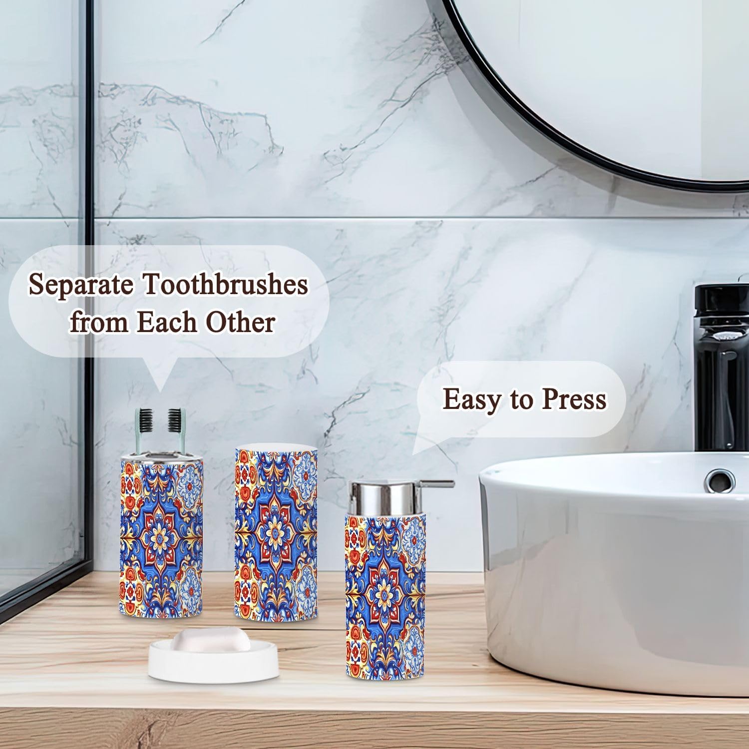 6-Piece Boho Bathroom Accessories Set with Talavera Ceramic Design