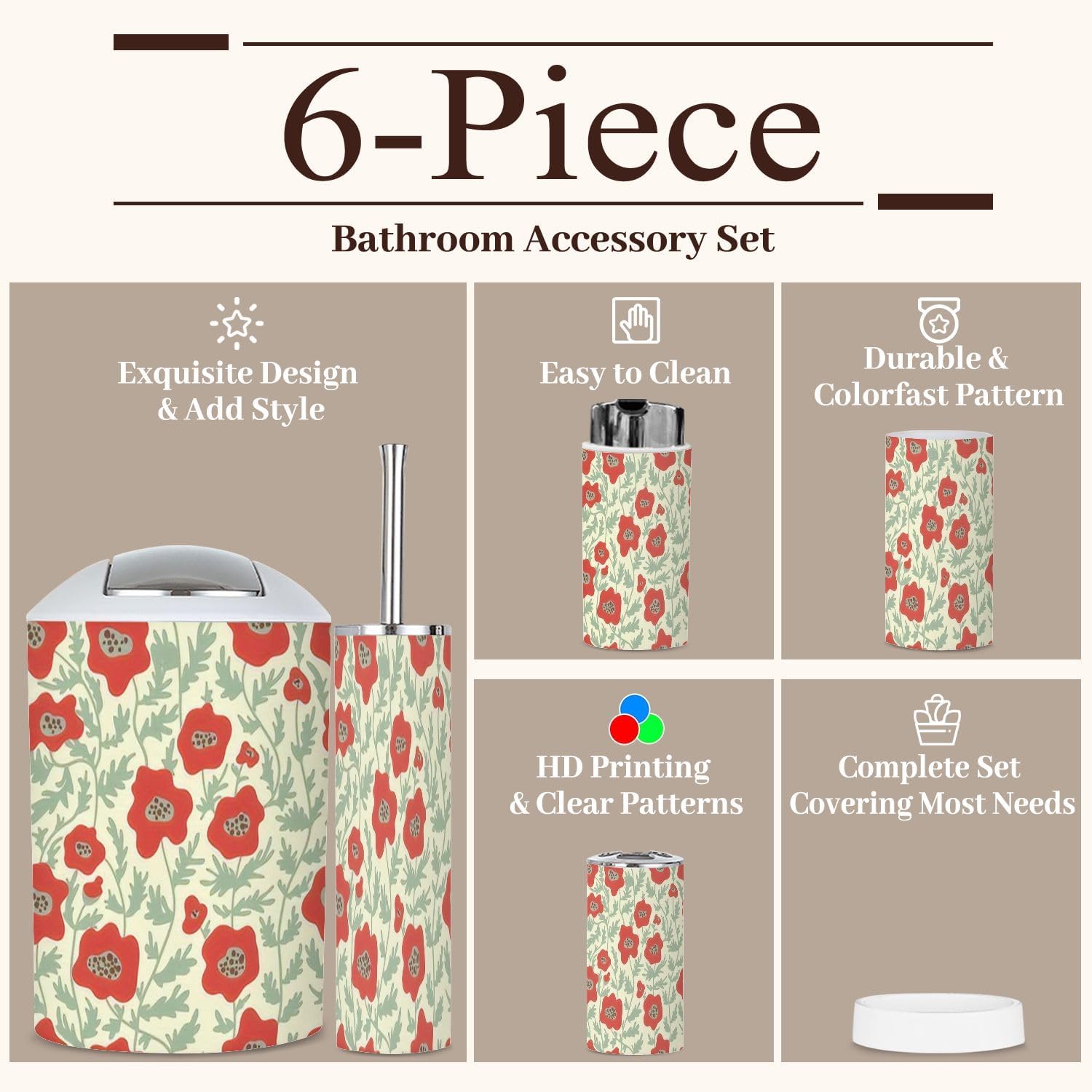 6 Piece Boho Bathroom Accessories Set with Flowers Abstract Design