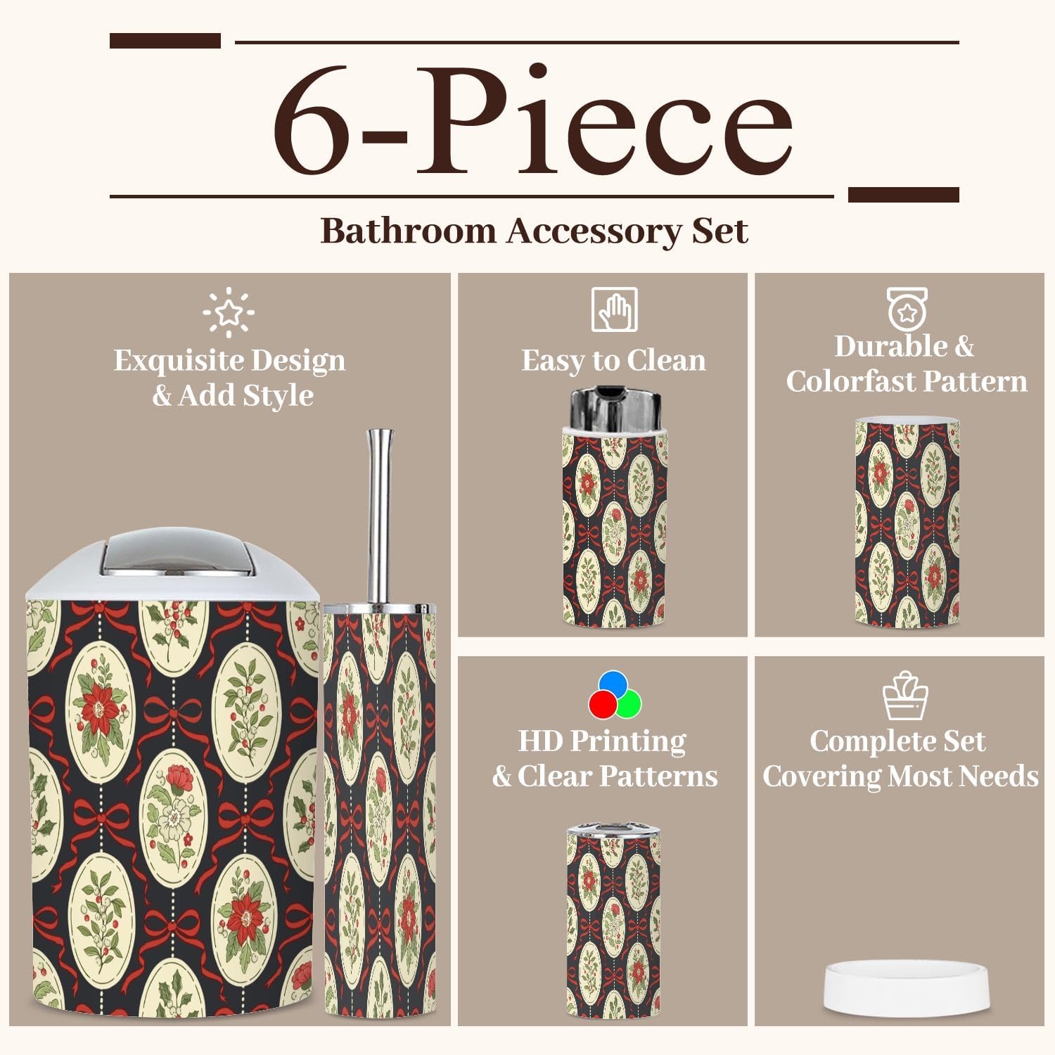 Retro Christmas Floral Cameos Bathroom Accessories Set