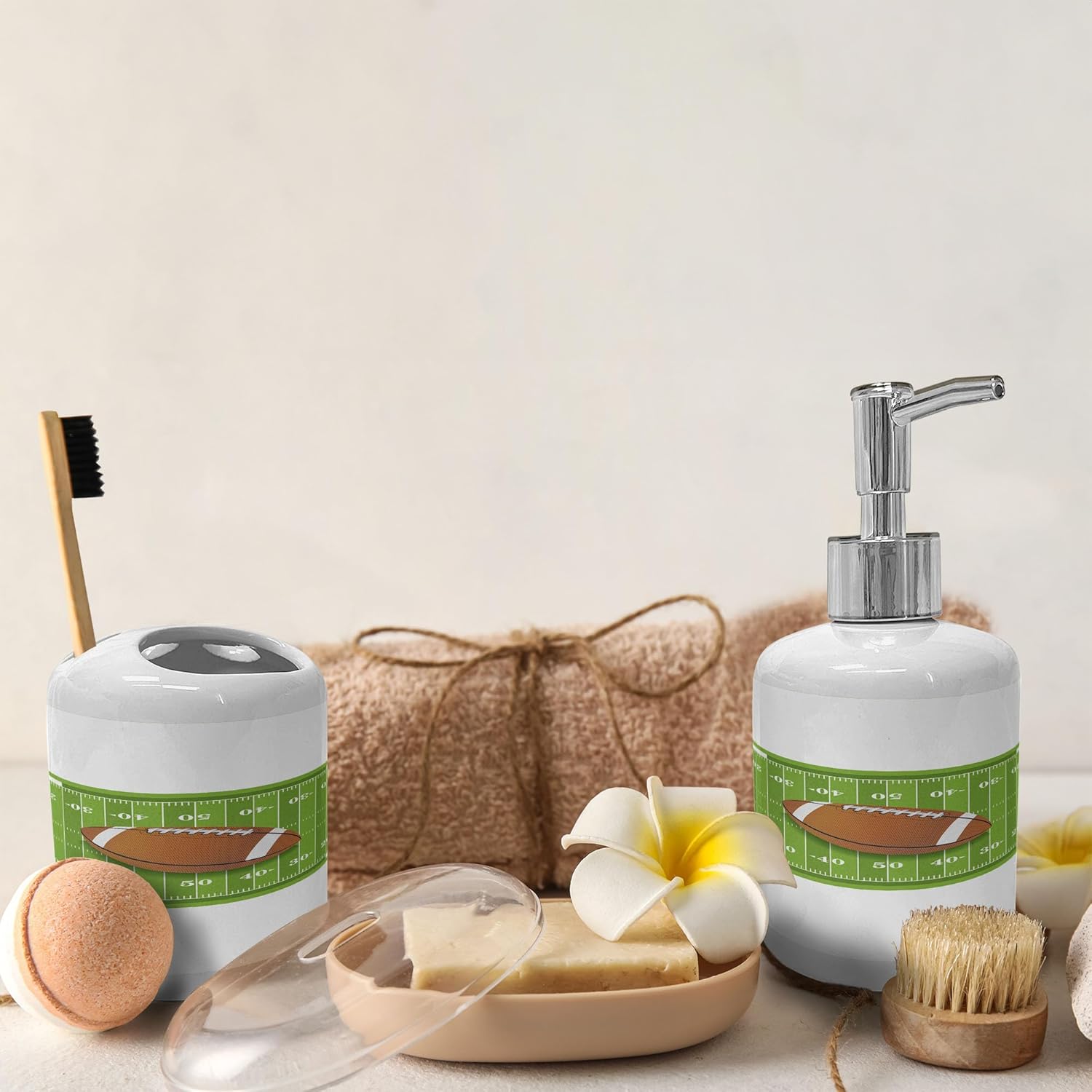 Ambesonne Football Soap Toothbrush Holder Set