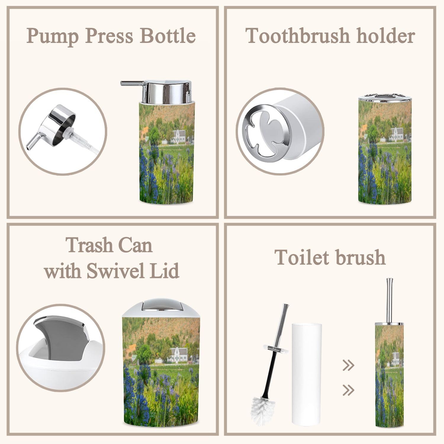 6 Piece Boho Bathroom Accessories Set with Flower Design